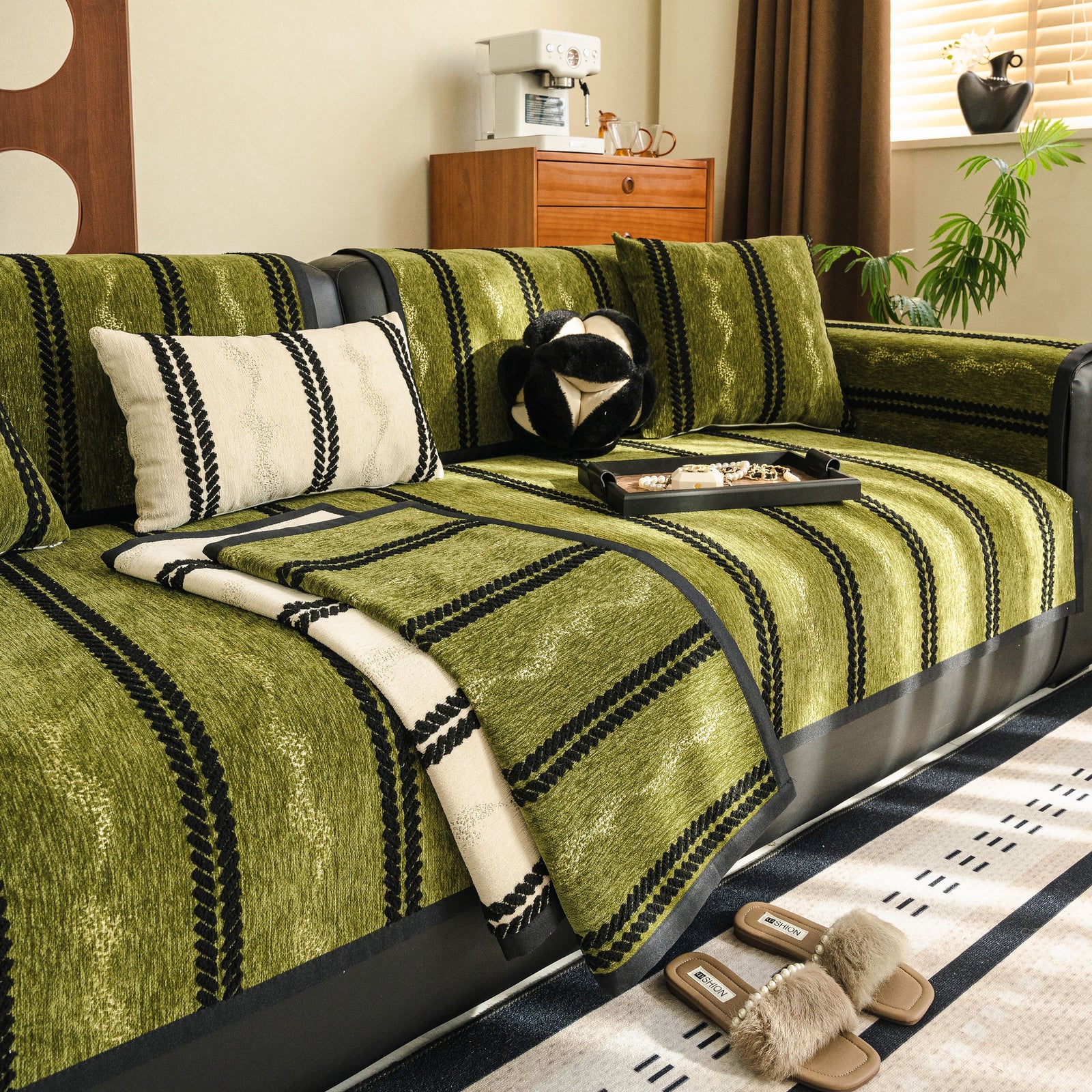 Non-Slip Sofa Cover with Thick Chenille Texture Woven Stripe Couch Protector Throw