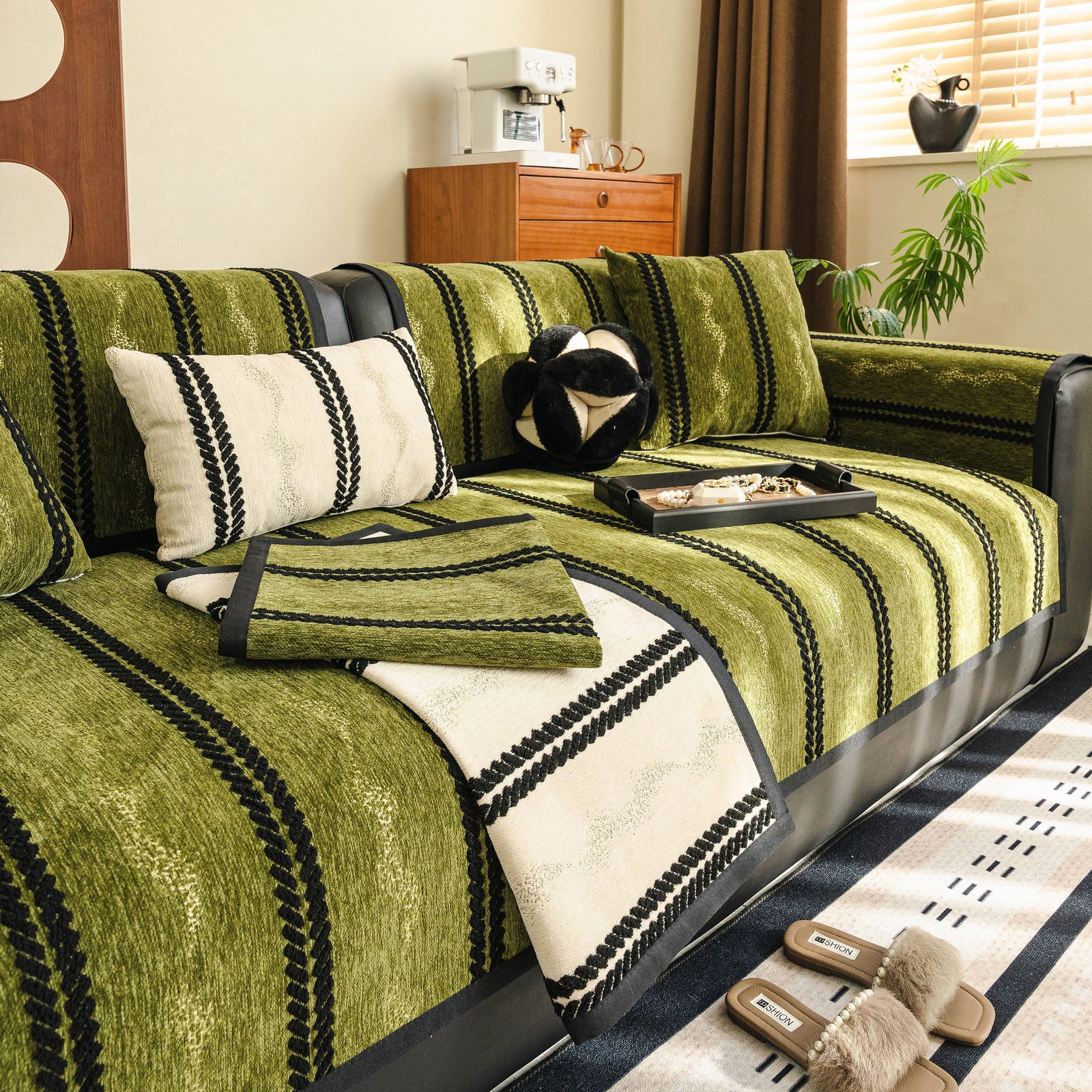 Non-Slip Sofa Cover with Thick Chenille Texture Woven Stripe Couch Protector Throw