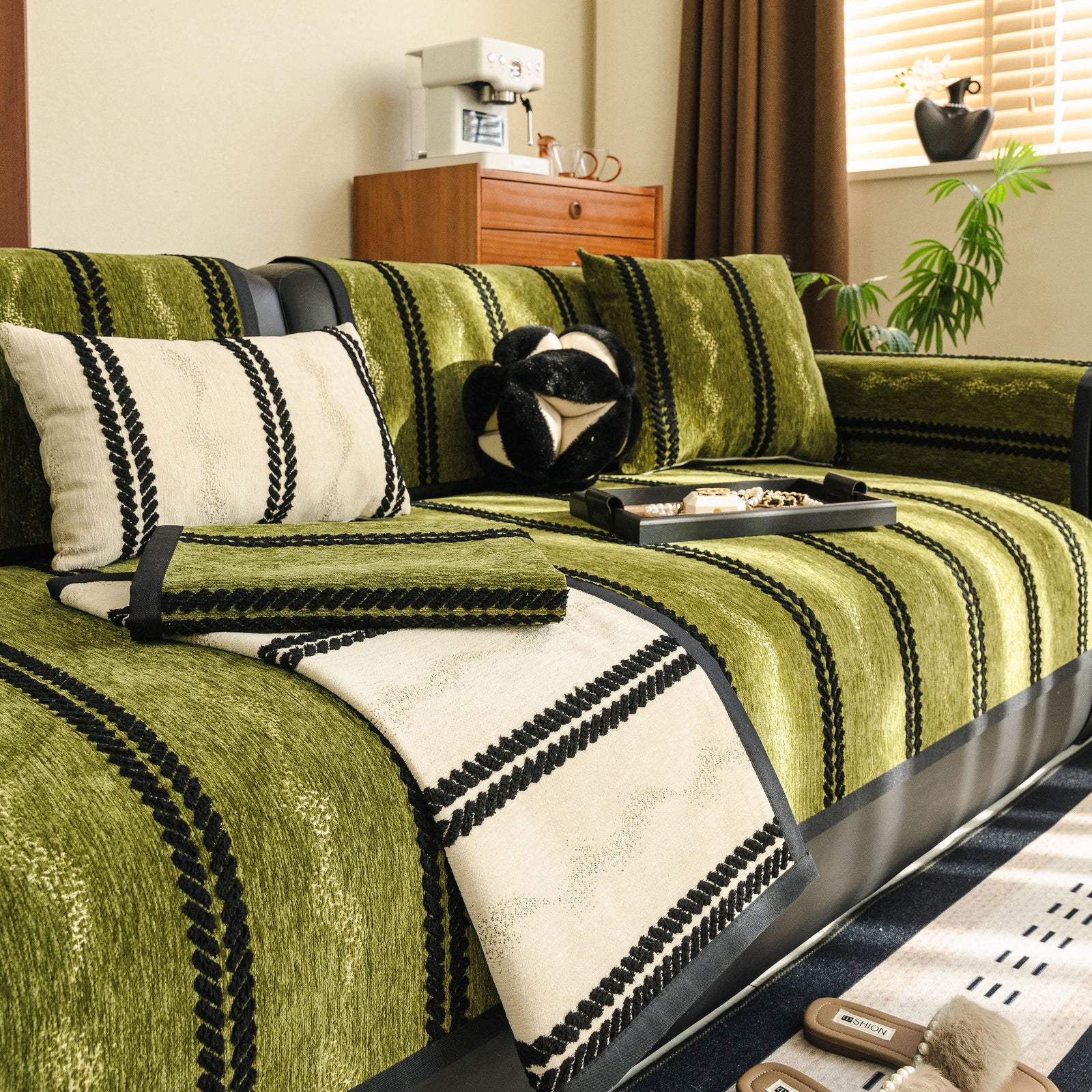 Non-Slip Sofa Cover with Thick Chenille Texture Woven Stripe Couch Protector Throw
