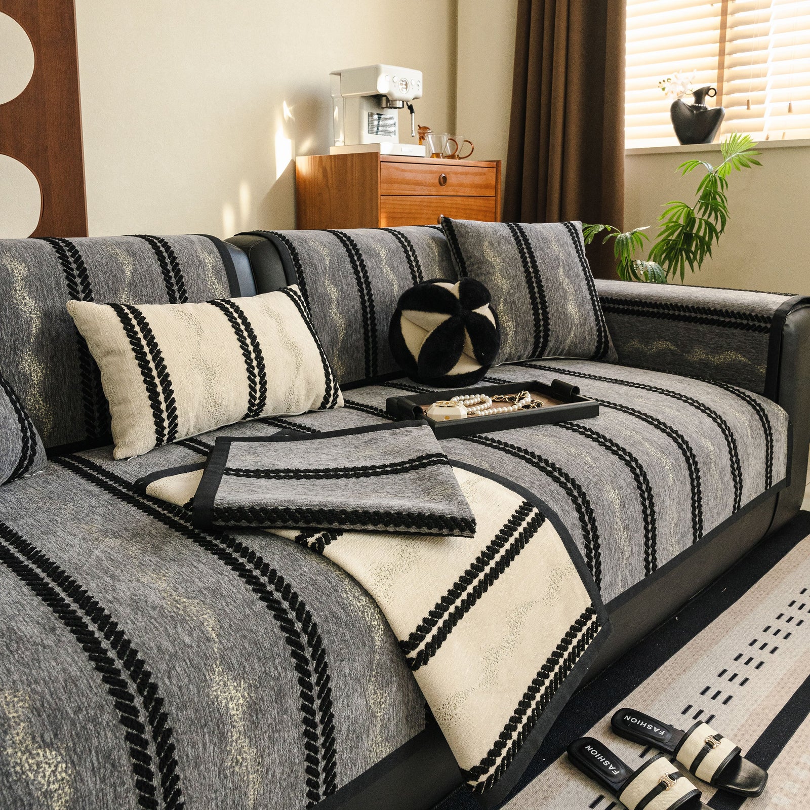Non-Slip Sofa Cover with Thick Chenille Texture Woven Stripe Couch Protector Throw