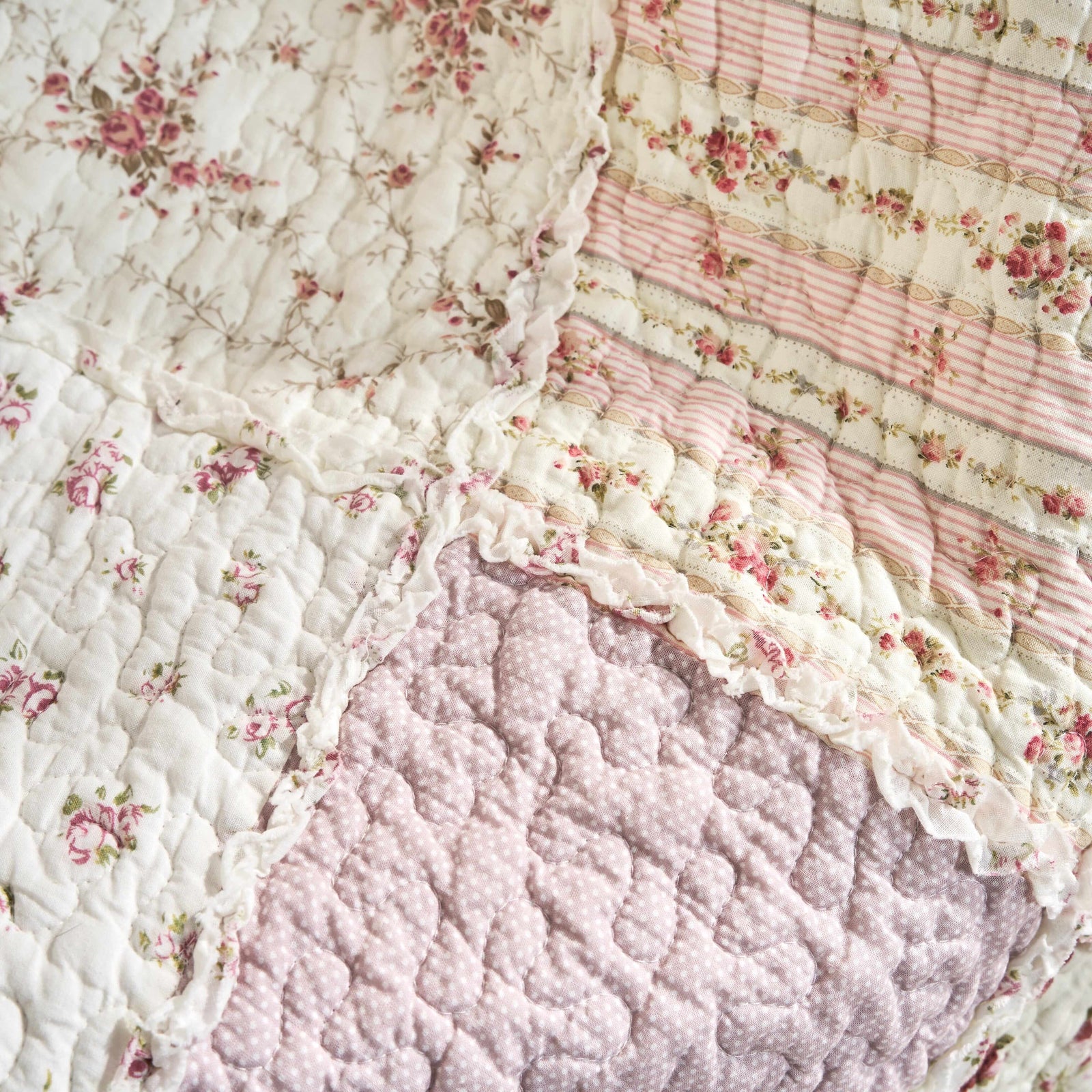 DaDalogy Cotton Patchwork Throw Blanket - Floral Cottage Quilted Reversible Blush Pink & Cream Shabby Chic Botanical Ruffle Design - Vintage Garden Rose Pastel Accents (3031)- 50 x 60