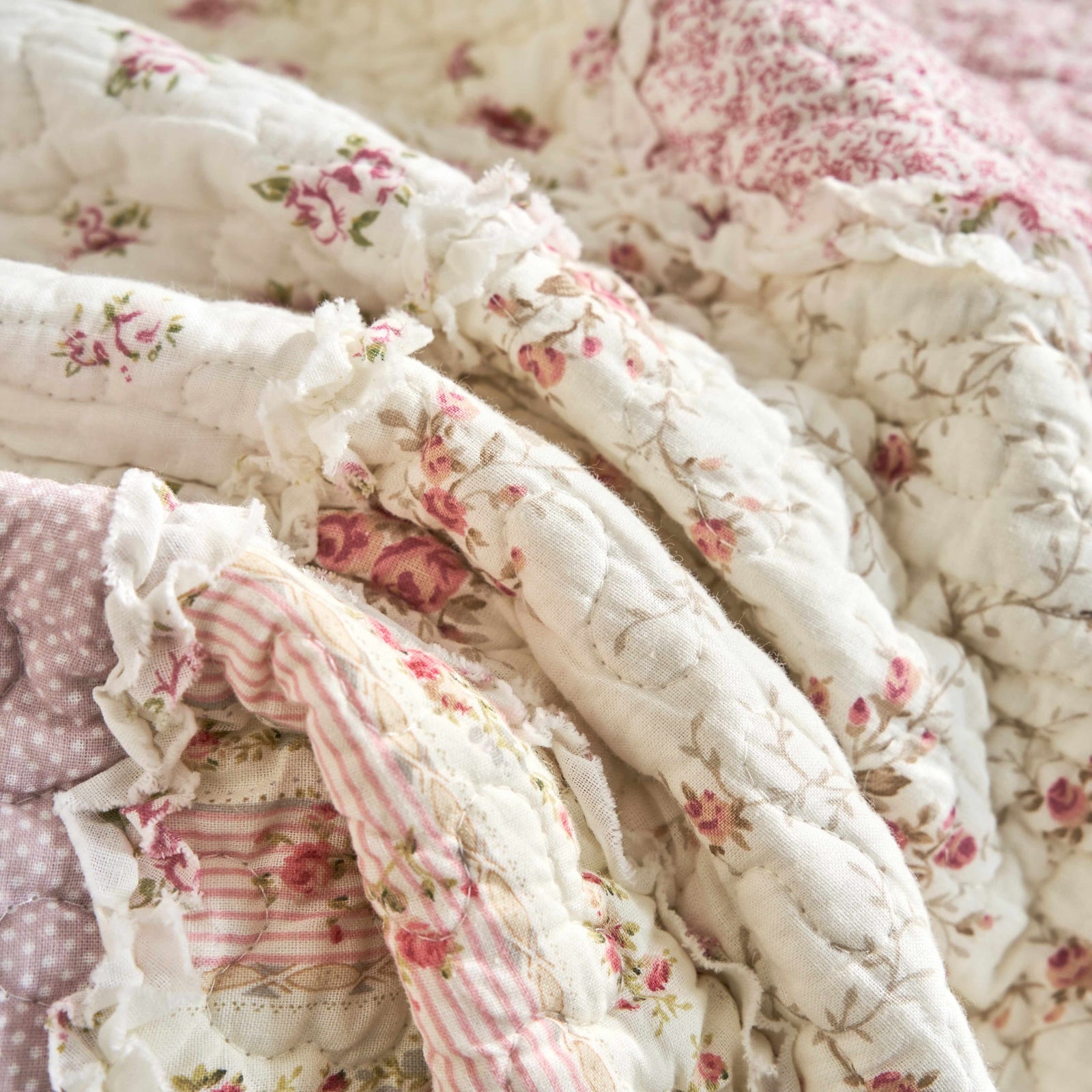 DaDalogy Cotton Patchwork Throw Blanket - Floral Cottage Quilted Reversible Blush Pink & Cream Shabby Chic Botanical Ruffle Design - Vintage Garden Rose Pastel Accents (3031)- 50 x 60