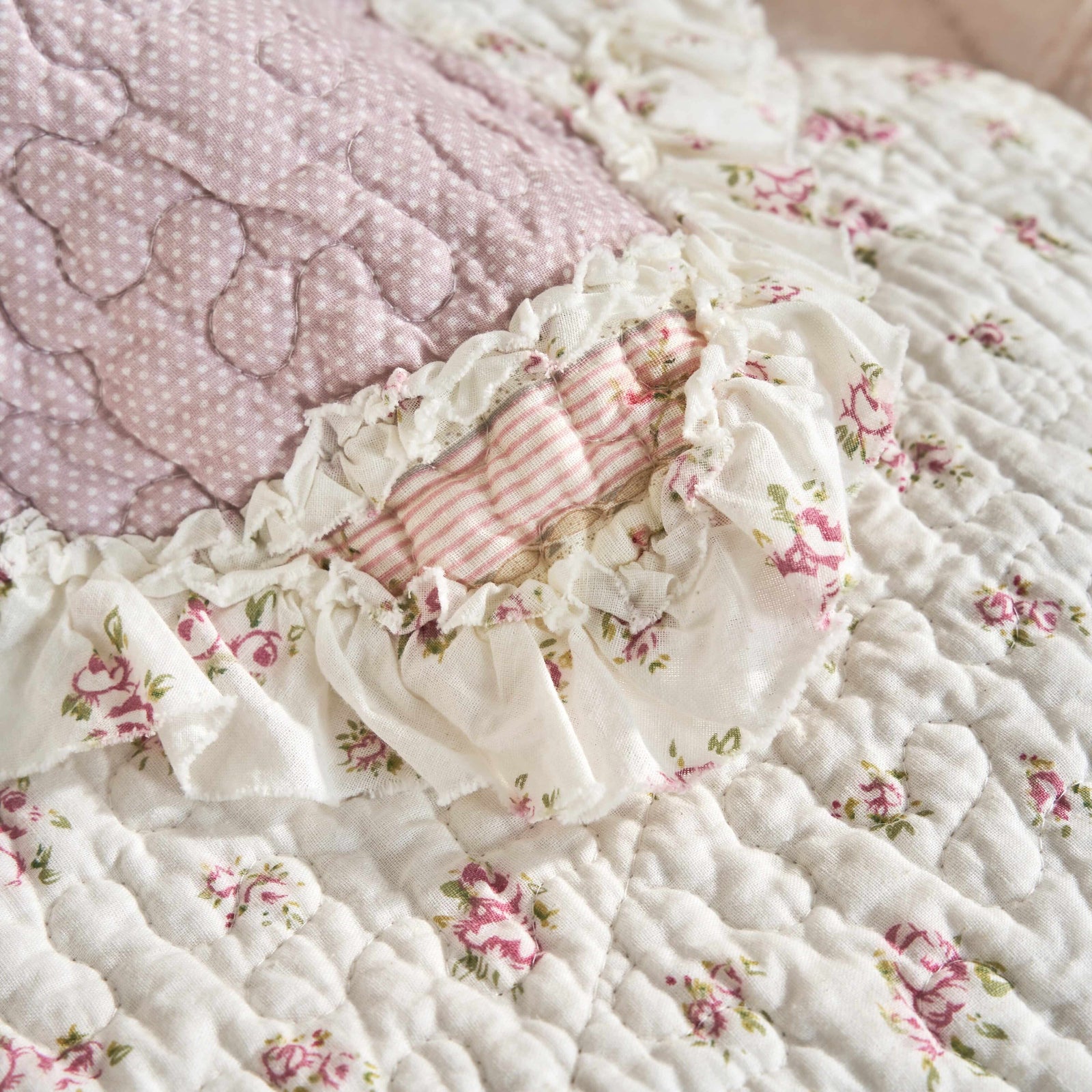 DaDalogy Cotton Patchwork Throw Blanket - Floral Cottage Quilted Reversible Blush Pink & Cream Shabby Chic Botanical Ruffle Design - Vintage Garden Rose Pastel Accents (3031)- 50 x 60