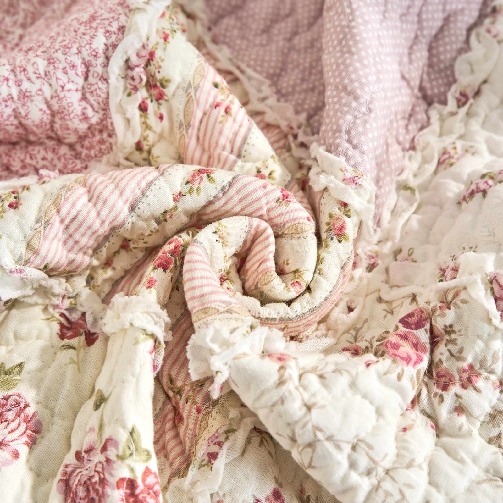DaDalogy Cotton Patchwork Throw Blanket - Floral Cottage Quilted Reversible Blush Pink & Cream Shabby Chic Botanical Ruffle Design - Vintage Garden Rose Pastel Accents (3031)- 50 x 60