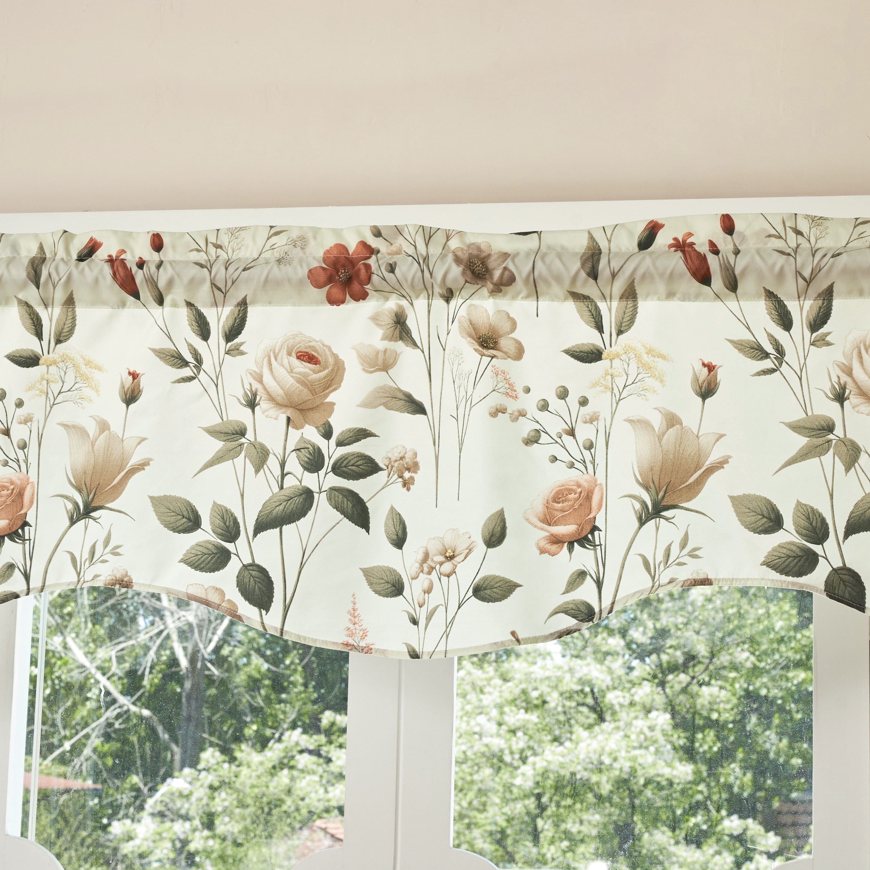 DaDa Bedding Collection Enchanted Meadow Semi-Sheer Valance - Floral Elegance in Beige, Rose, and Soft Green, Light Filtering See Through Microfiber, Rod Pocket Design, 18x52 Inches