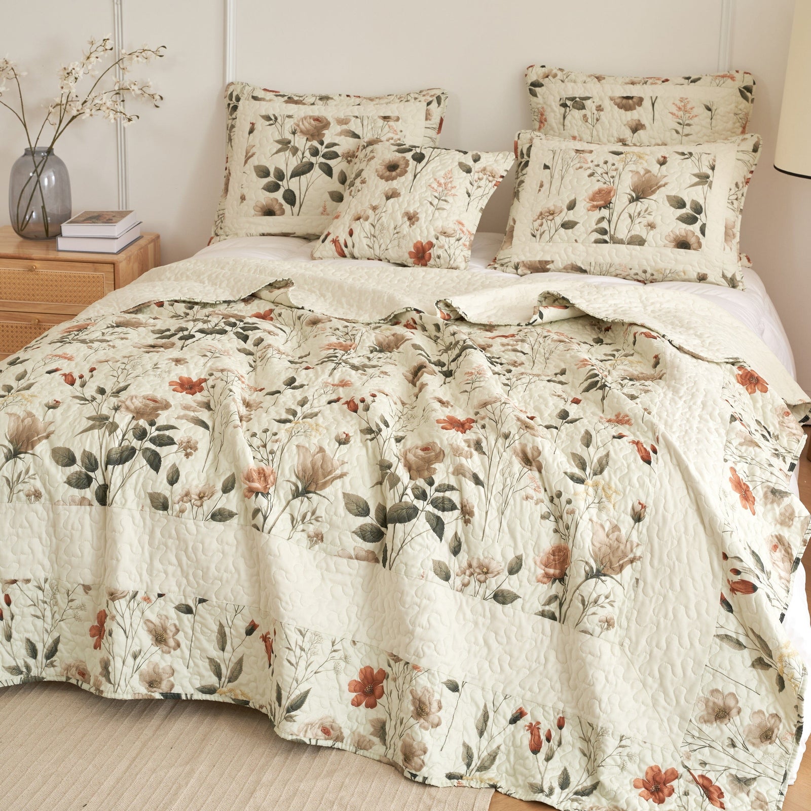 DaDalogy Enchanted Meadow Quilt Set - Victoria Garden Delicate Floral Symphony in Beige, Rose, and Soft Green, Luxuriously Soft Quilted Bedspread Set