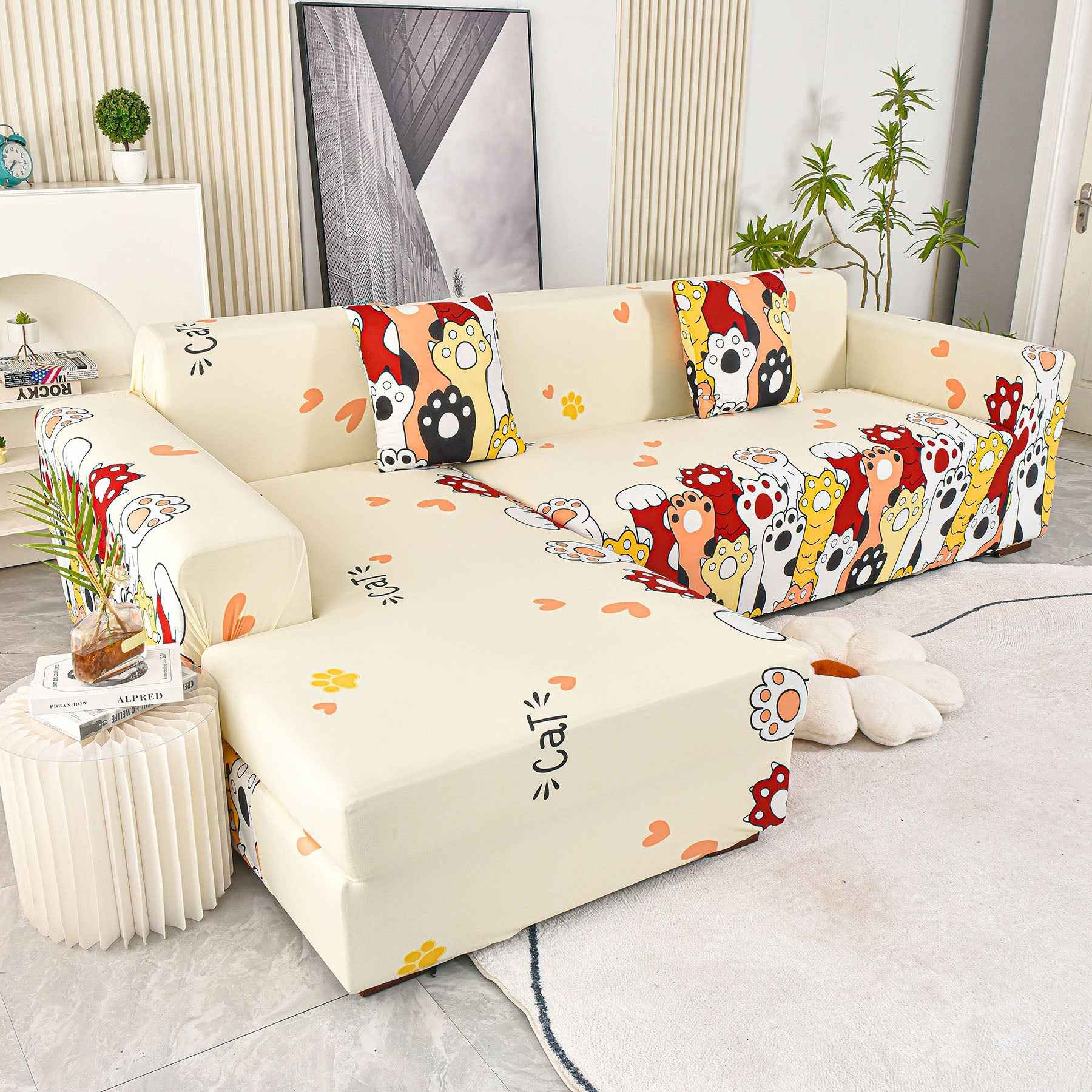 Boho Printed Sofa Slipcover, Stretch Furniture Protector for Sectional L-Shaped Sofa