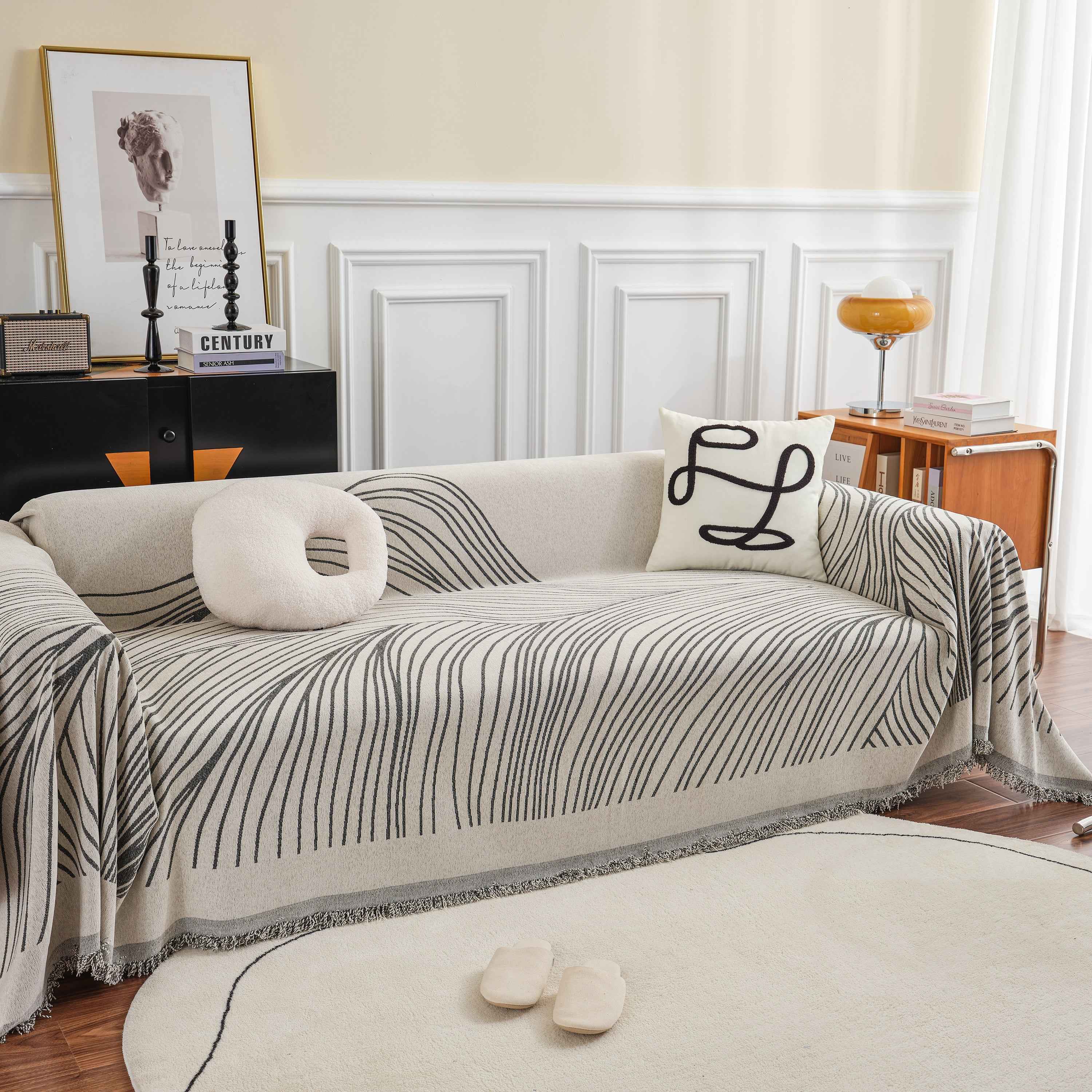 Chenille Striped Sofa Throw Blanket, Furniture Throw Covers Living Room Couch Cover