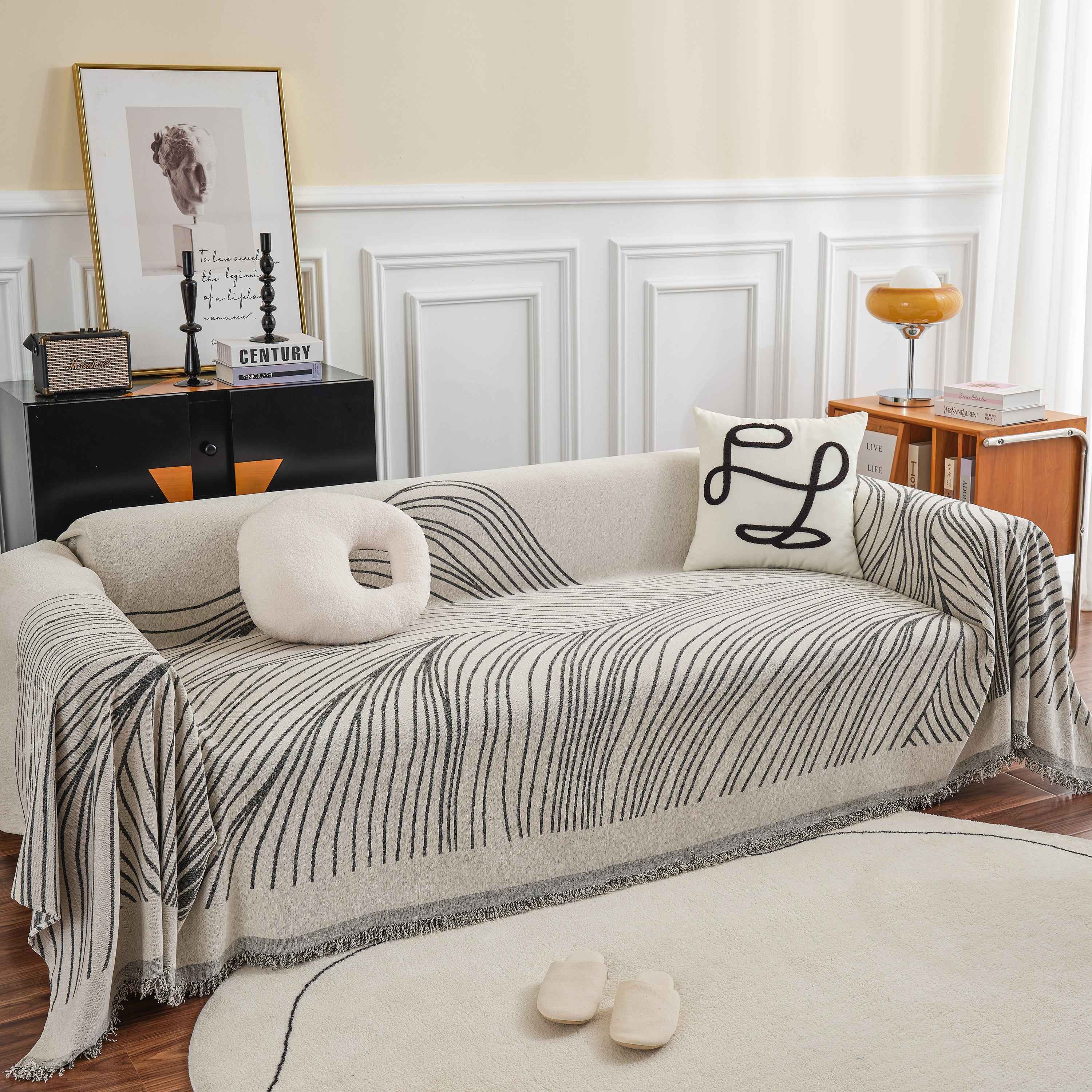 Chenille Striped Sofa Throw Blanket, Furniture Throw Covers Living Room Couch Cover