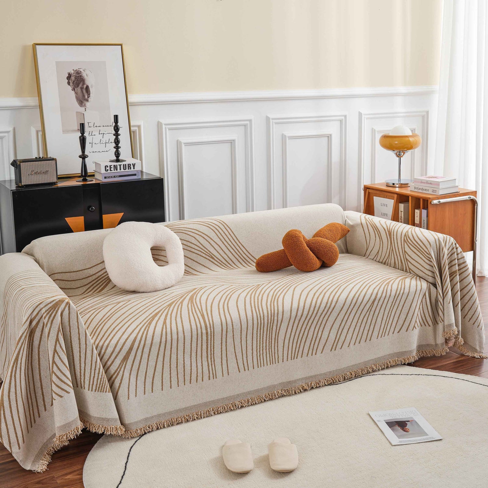 Chenille Striped Sofa Throw Blanket, Furniture Throw Covers Living Room Couch Cover