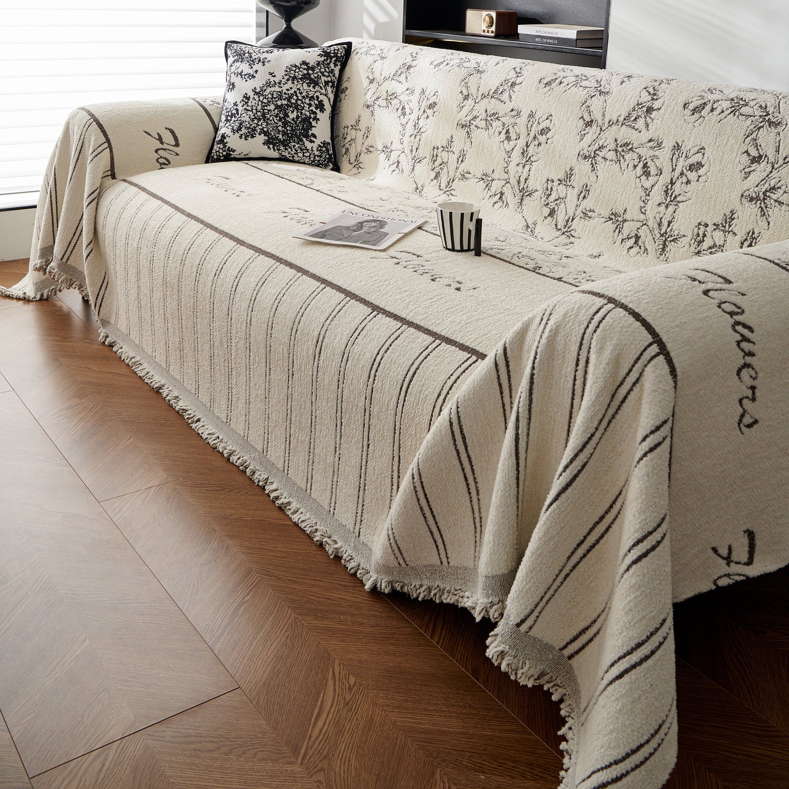 Chenille Striped Floral Couch Cover Sofa Slipcover for Most Shape Sofas, Reversible Sofa Throw Cover