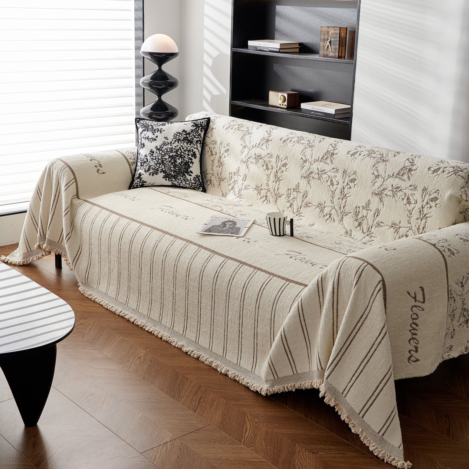 Chenille Striped Floral Couch Cover Sofa Slipcover for Most Shape Sofas, Reversible Sofa Throw Cover