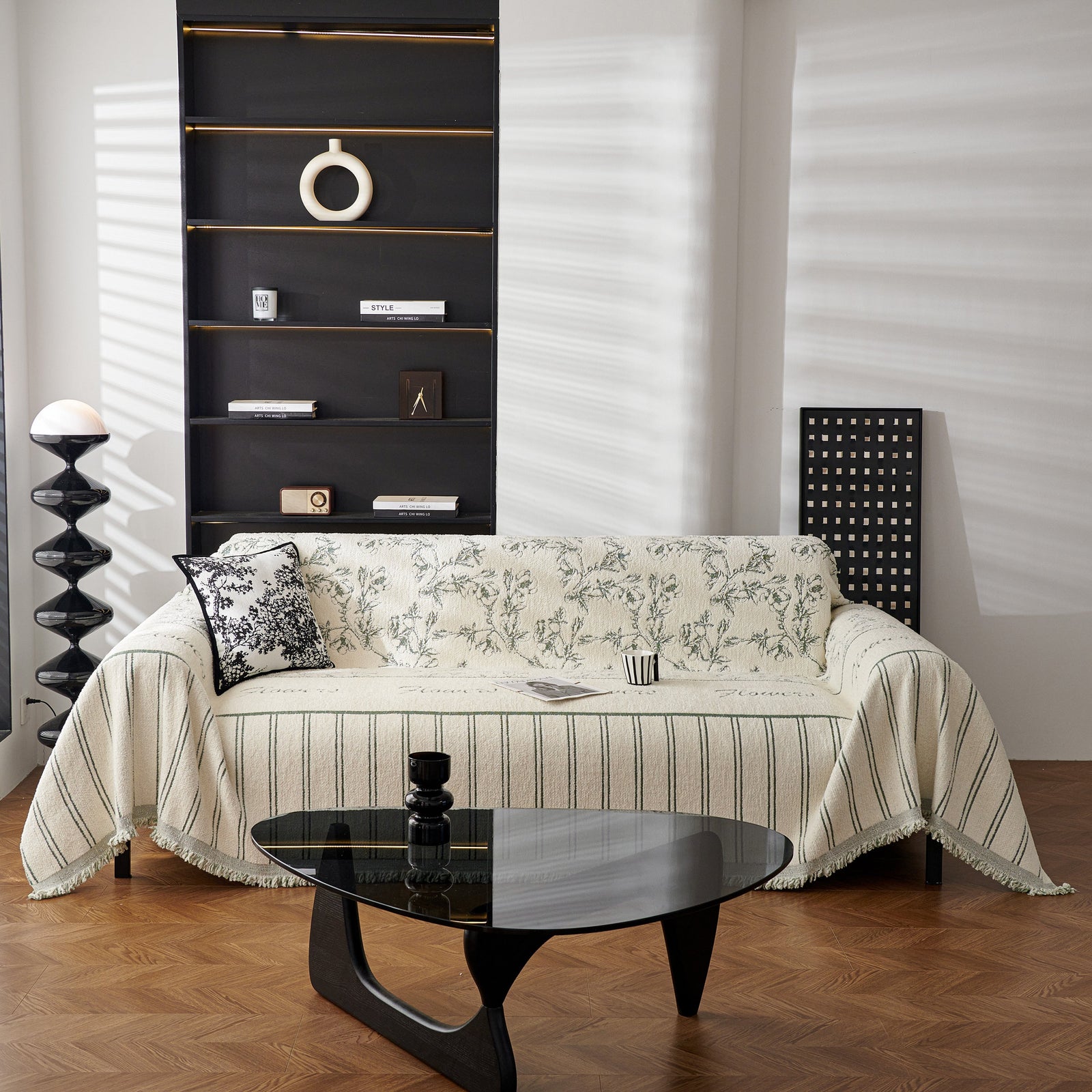 Chenille Striped Floral Couch Cover Sofa Slipcover for Most Shape Sofas, Reversible Sofa Throw Cover