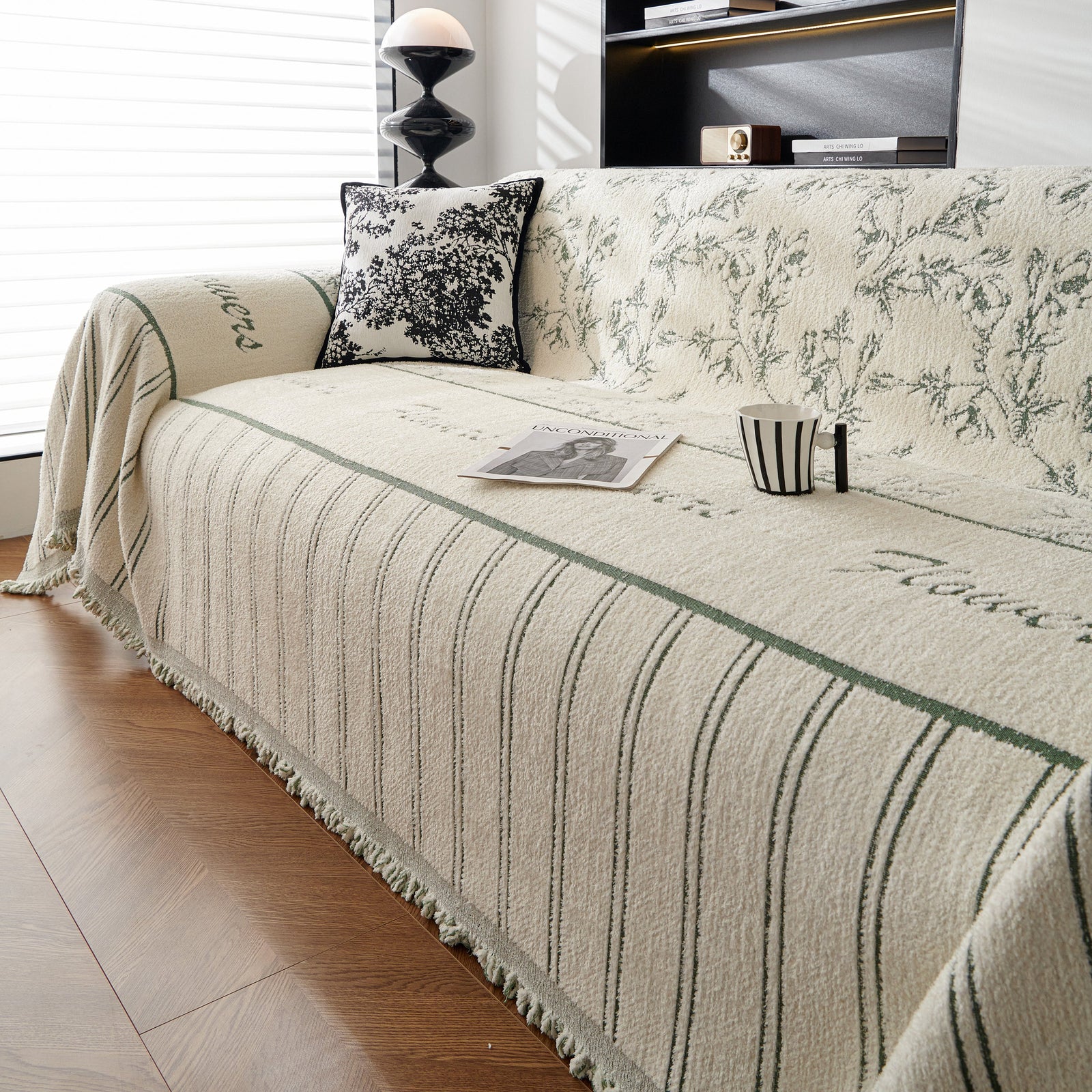 Chenille Striped Floral Couch Cover Sofa Slipcover for Most Shape Sofas, Reversible Sofa Throw Cover