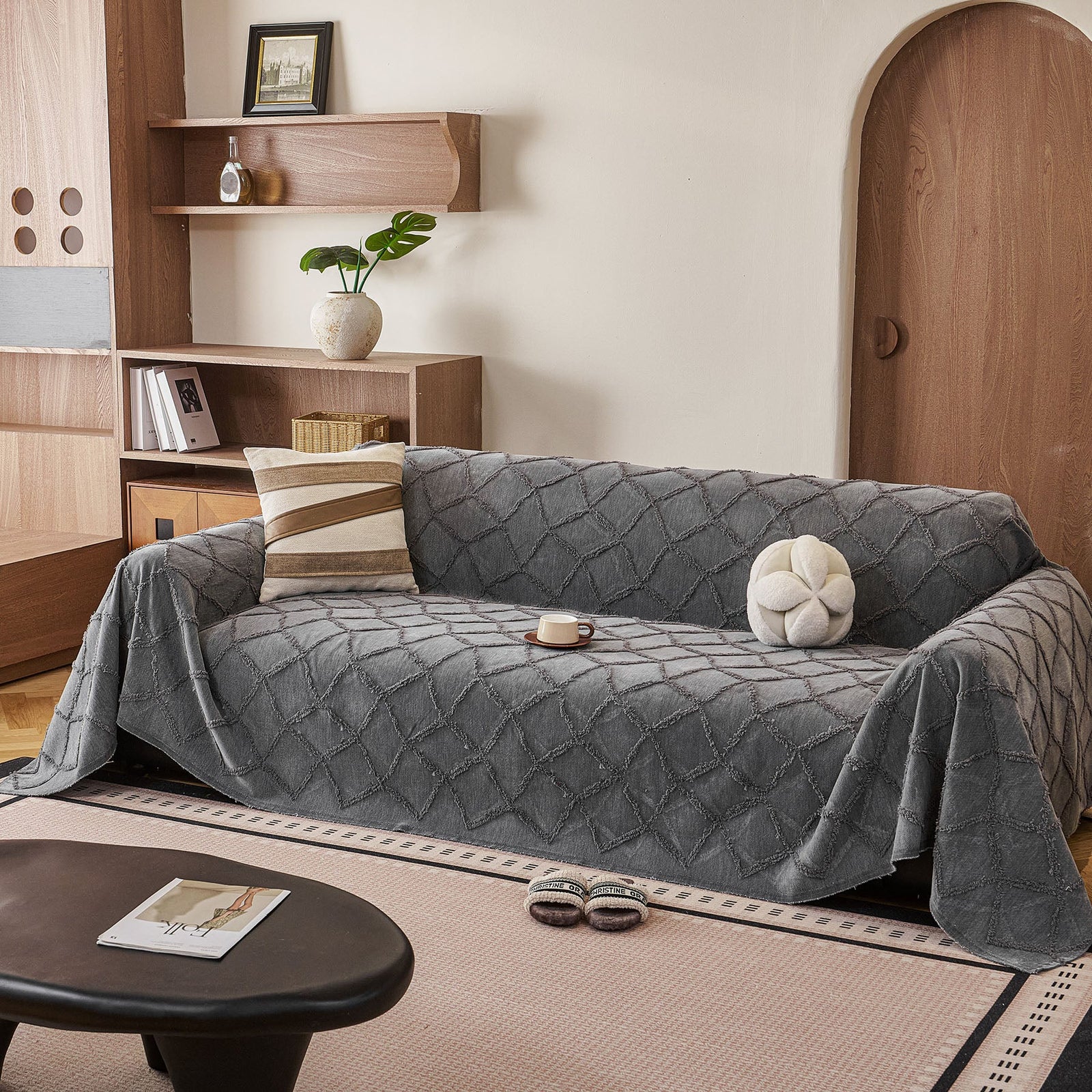 Soft Chenille Sofa Throw Cover, Raised Geometric Texture Furniture Protector Blanket