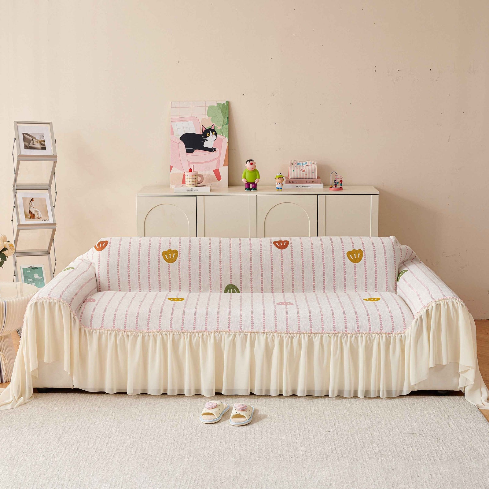 Cute Dotted Stripe Couch Protector, Non-Slip Washable Sofa Cover with Ruffled Skirt