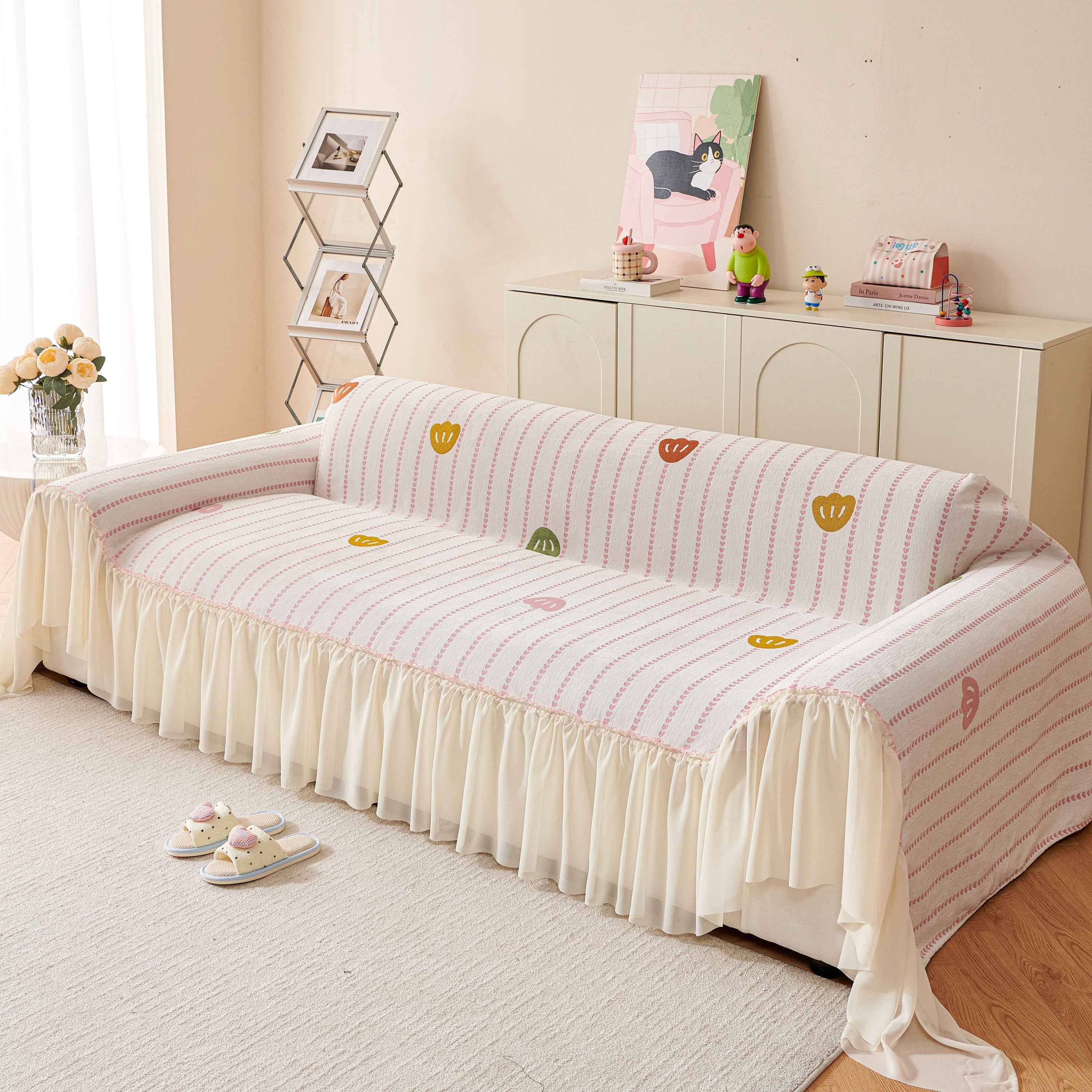 Cute Dotted Stripe Couch Protector, Non-Slip Washable Sofa Cover with Ruffled Skirt