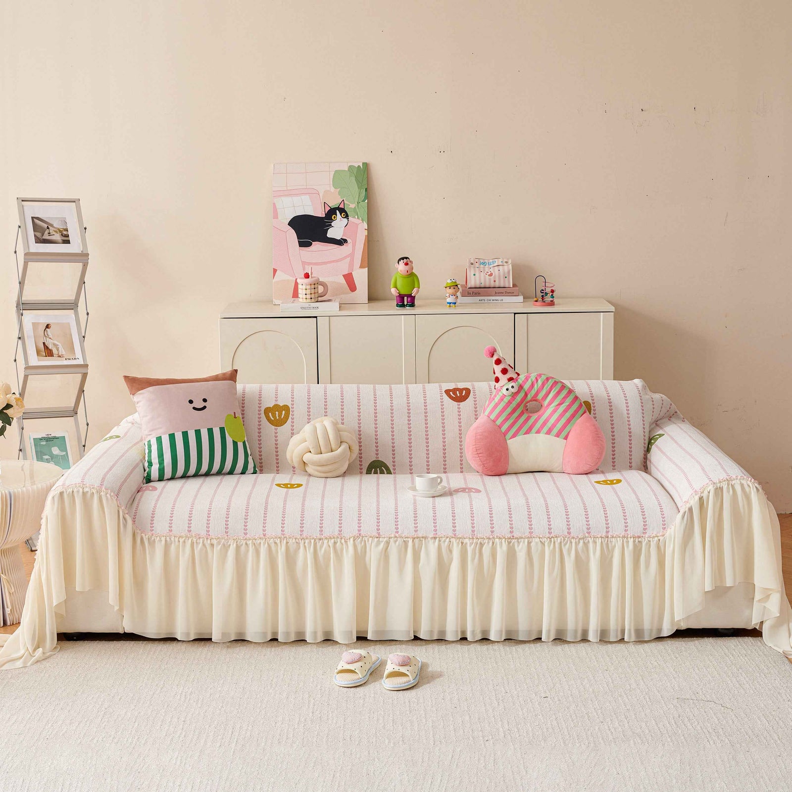 Cute Dotted Stripe Couch Protector, Non-Slip Washable Sofa Cover with Ruffled Skirt