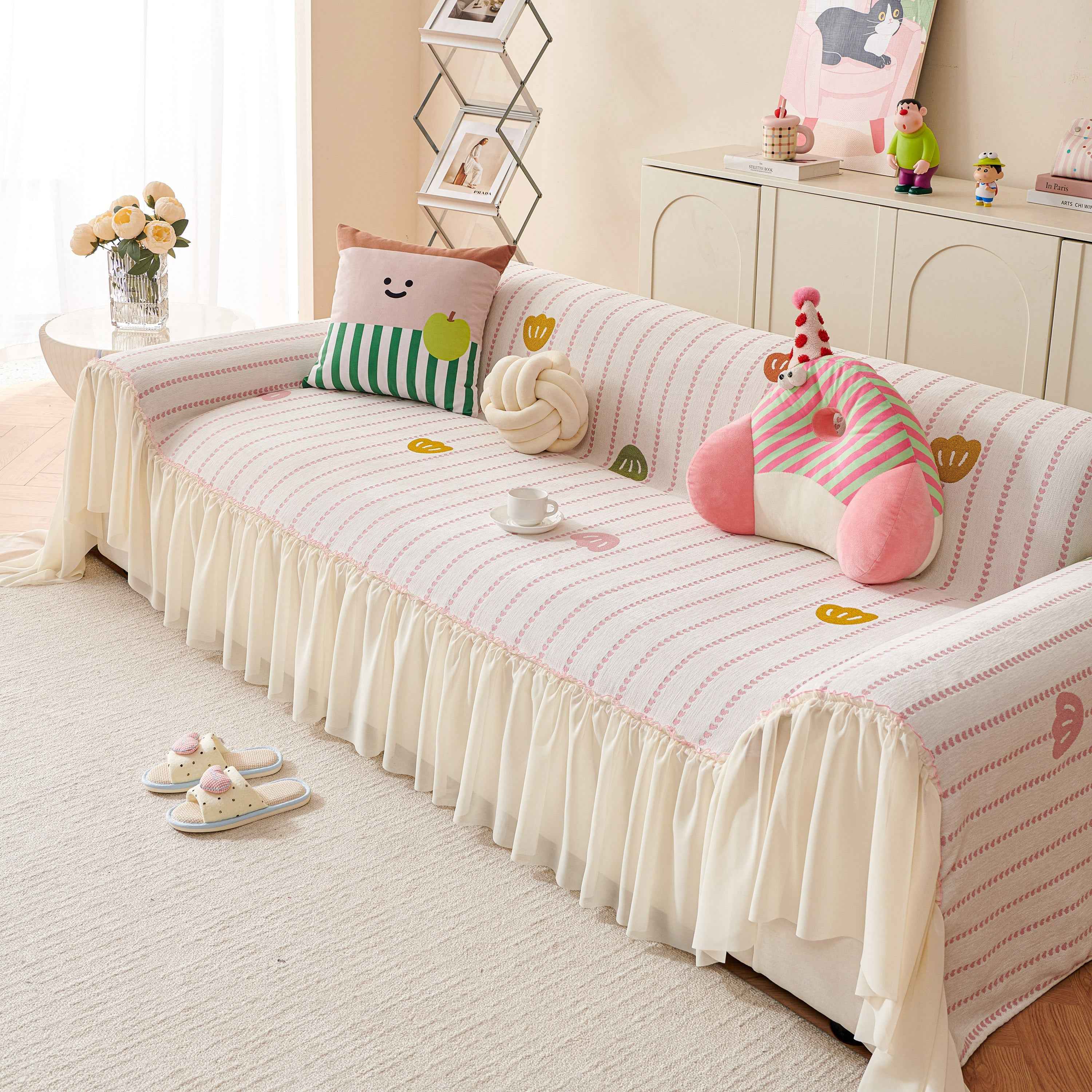 Cute Dotted Stripe Couch Protector, Non-Slip Washable Sofa Cover with Ruffled Skirt