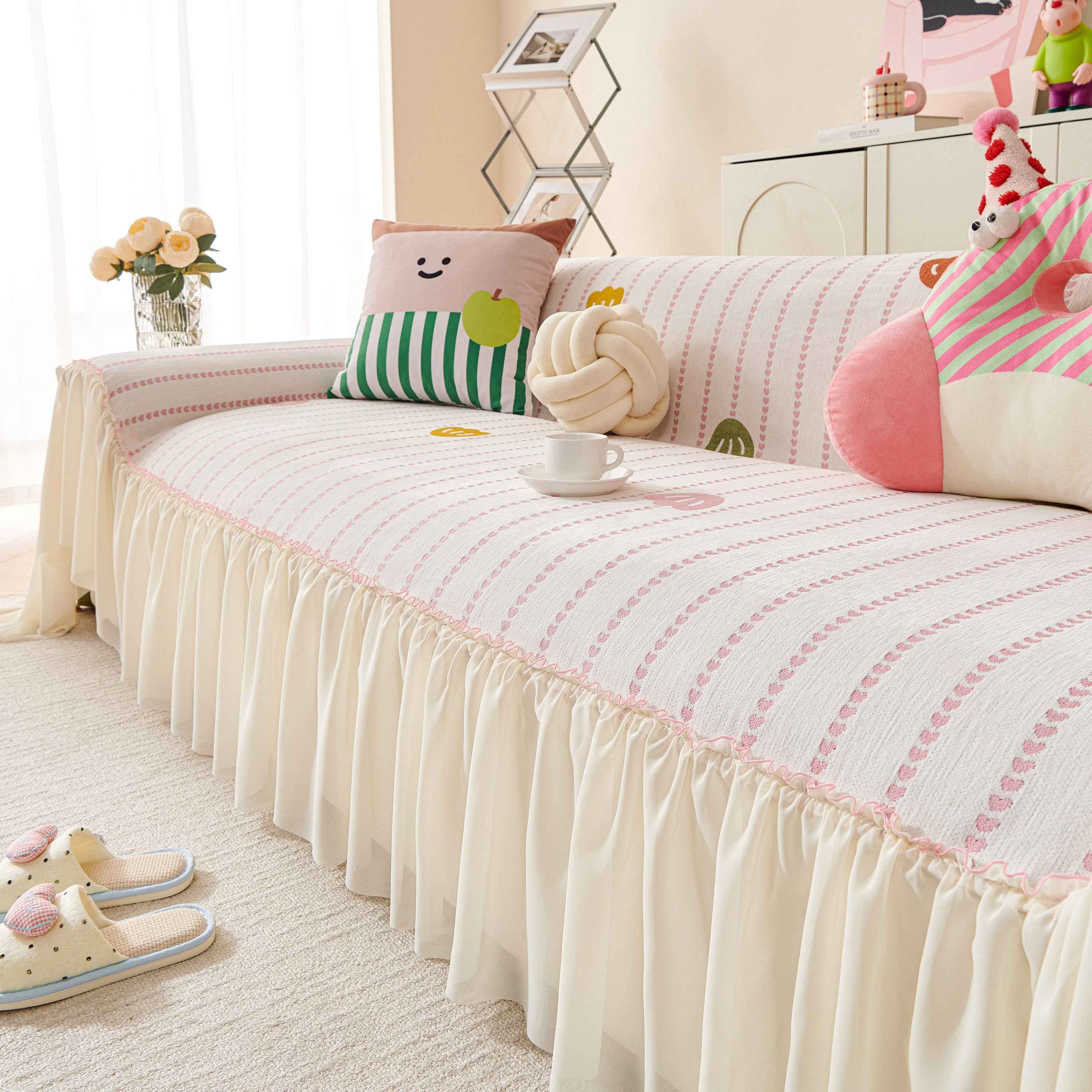 Cute Dotted Stripe Couch Protector, Non-Slip Washable Sofa Cover with Ruffled Skirt