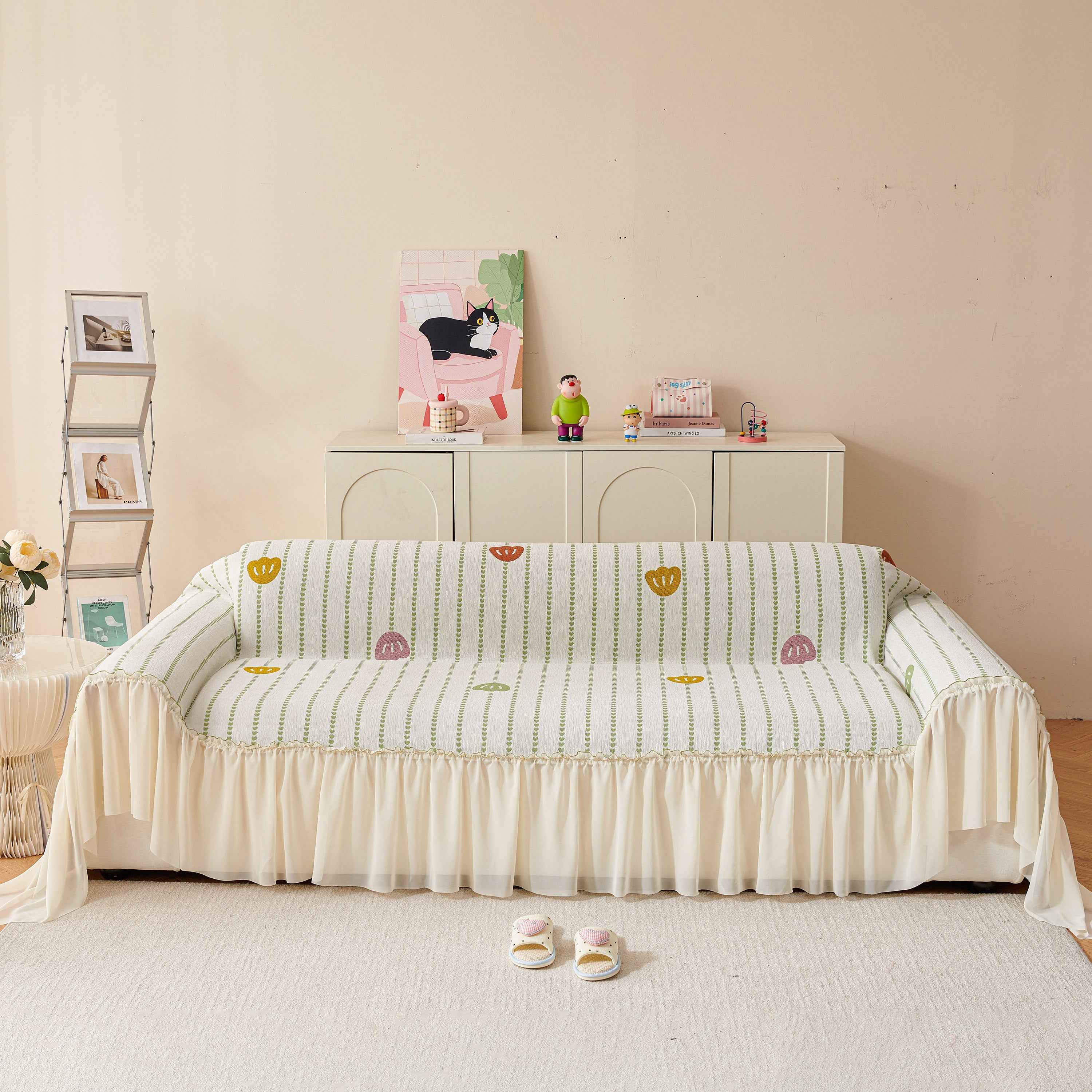 Cute Dotted Stripe Couch Protector, Non-Slip Washable Sofa Cover with Ruffled Skirt