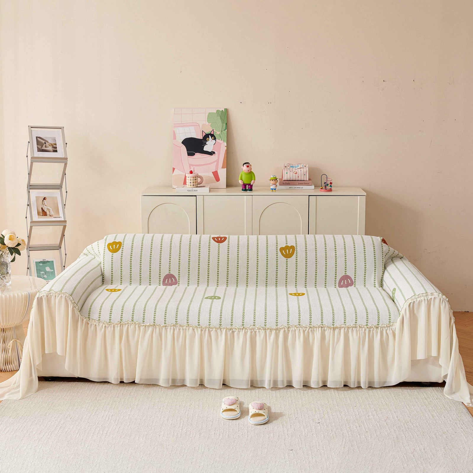 Cute Dotted Stripe Couch Protector, Non-Slip Washable Sofa Cover with Ruffled Skirt