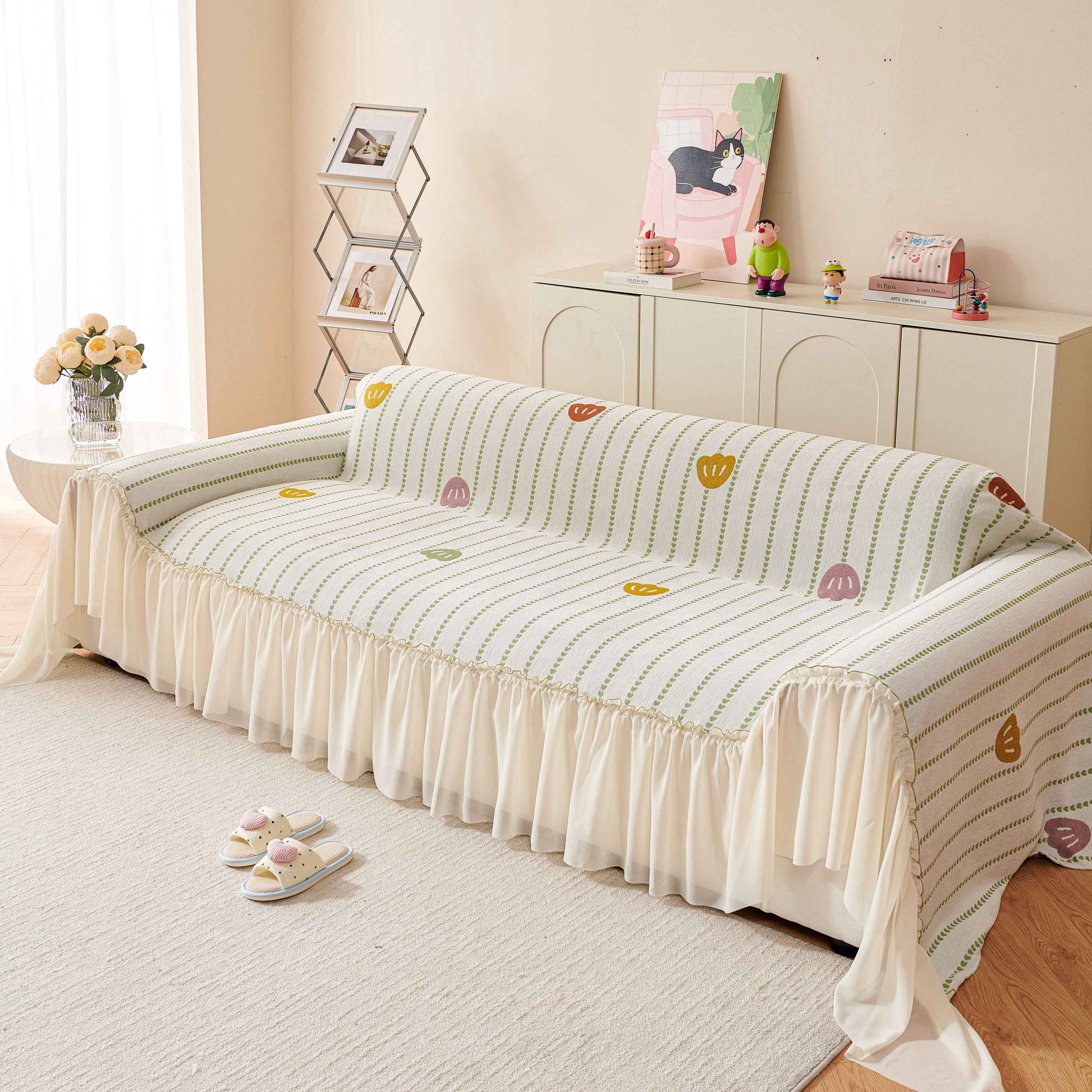 Cute Dotted Stripe Couch Protector, Non-Slip Washable Sofa Cover with Ruffled Skirt