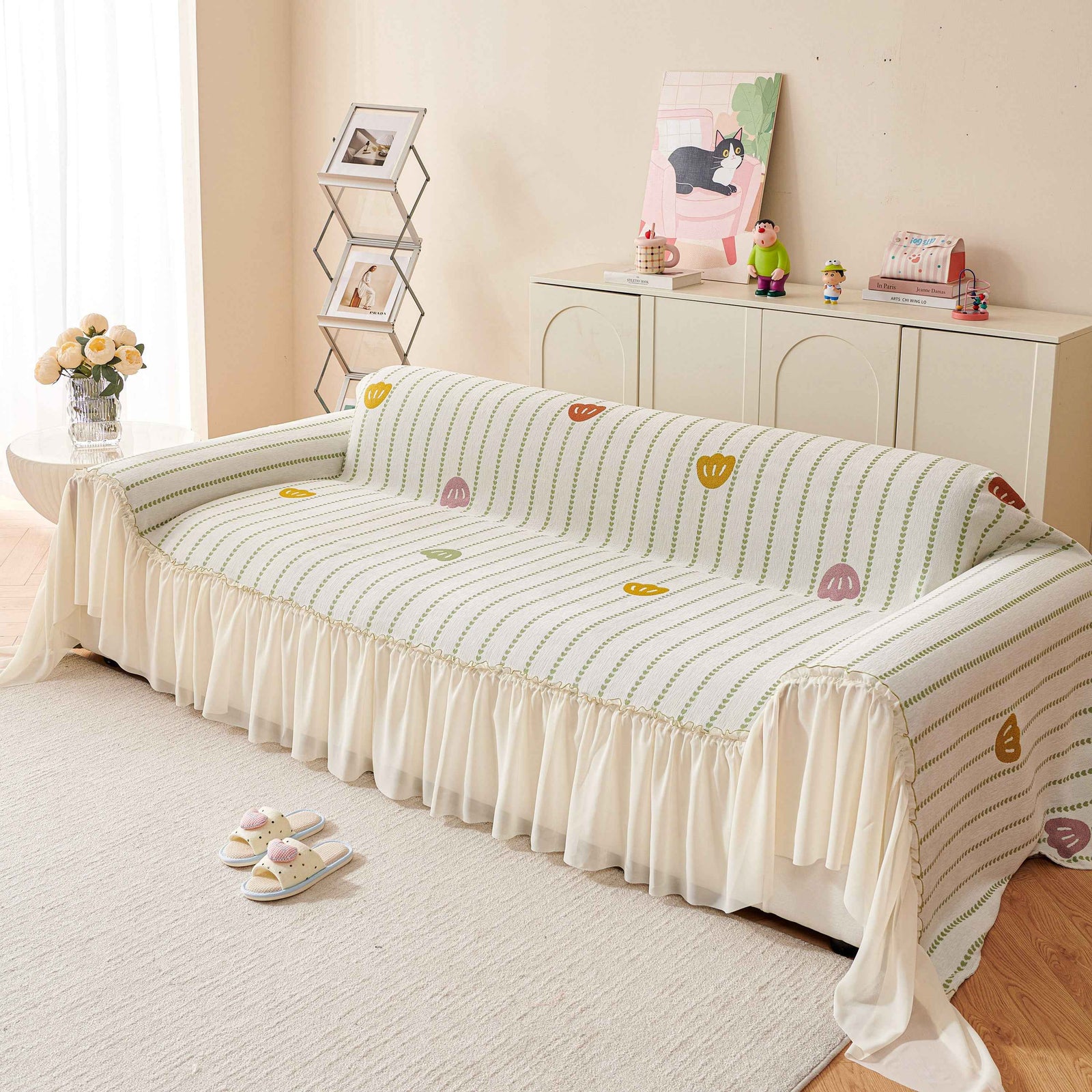 Cute Dotted Stripe Couch Protector, Non-Slip Washable Sofa Cover with Ruffled Skirt