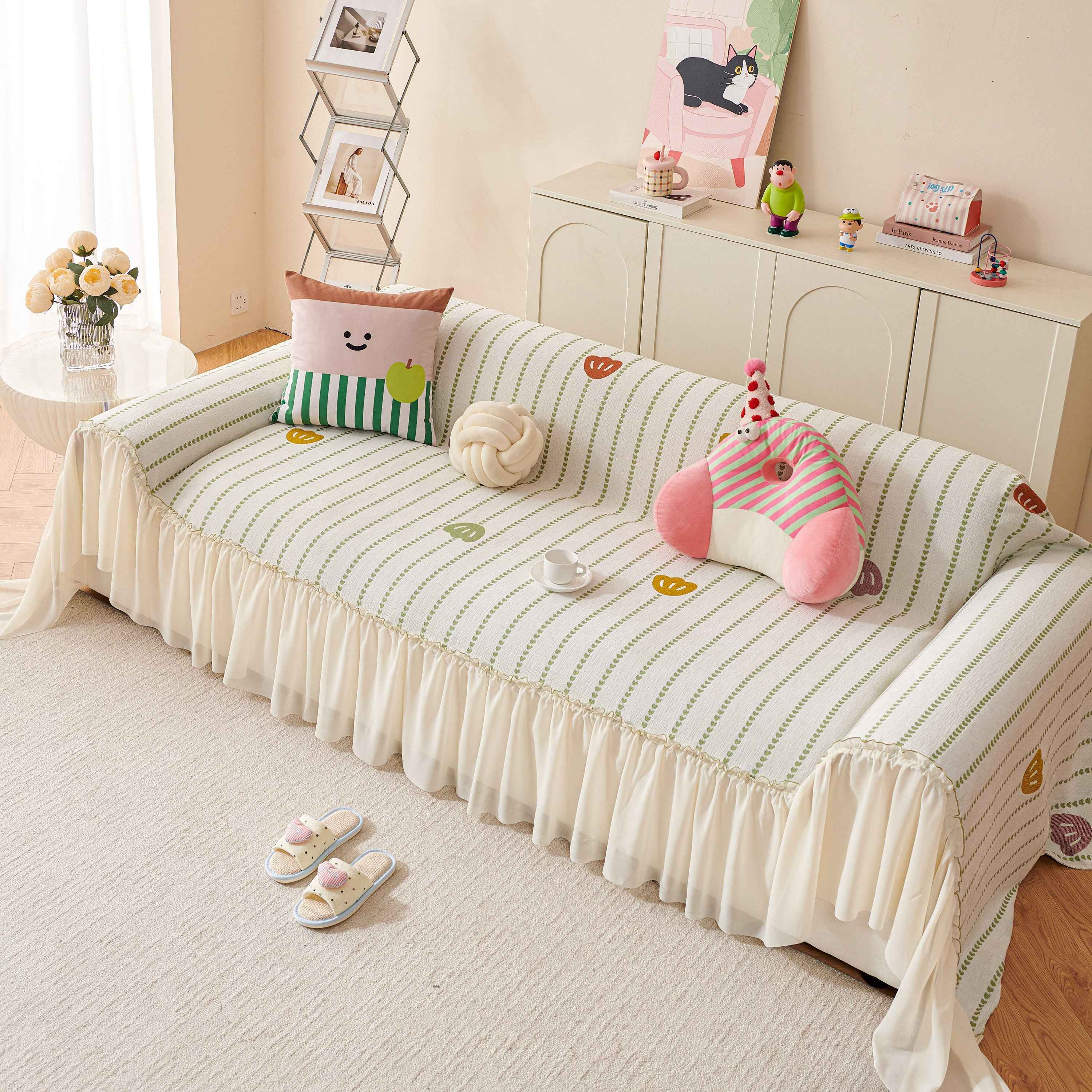 Cute Dotted Stripe Couch Protector, Non-Slip Washable Sofa Cover with Ruffled Skirt