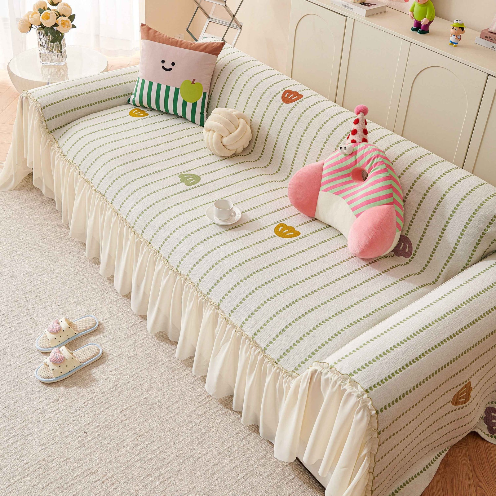 Cute Dotted Stripe Couch Protector, Non-Slip Washable Sofa Cover with Ruffled Skirt