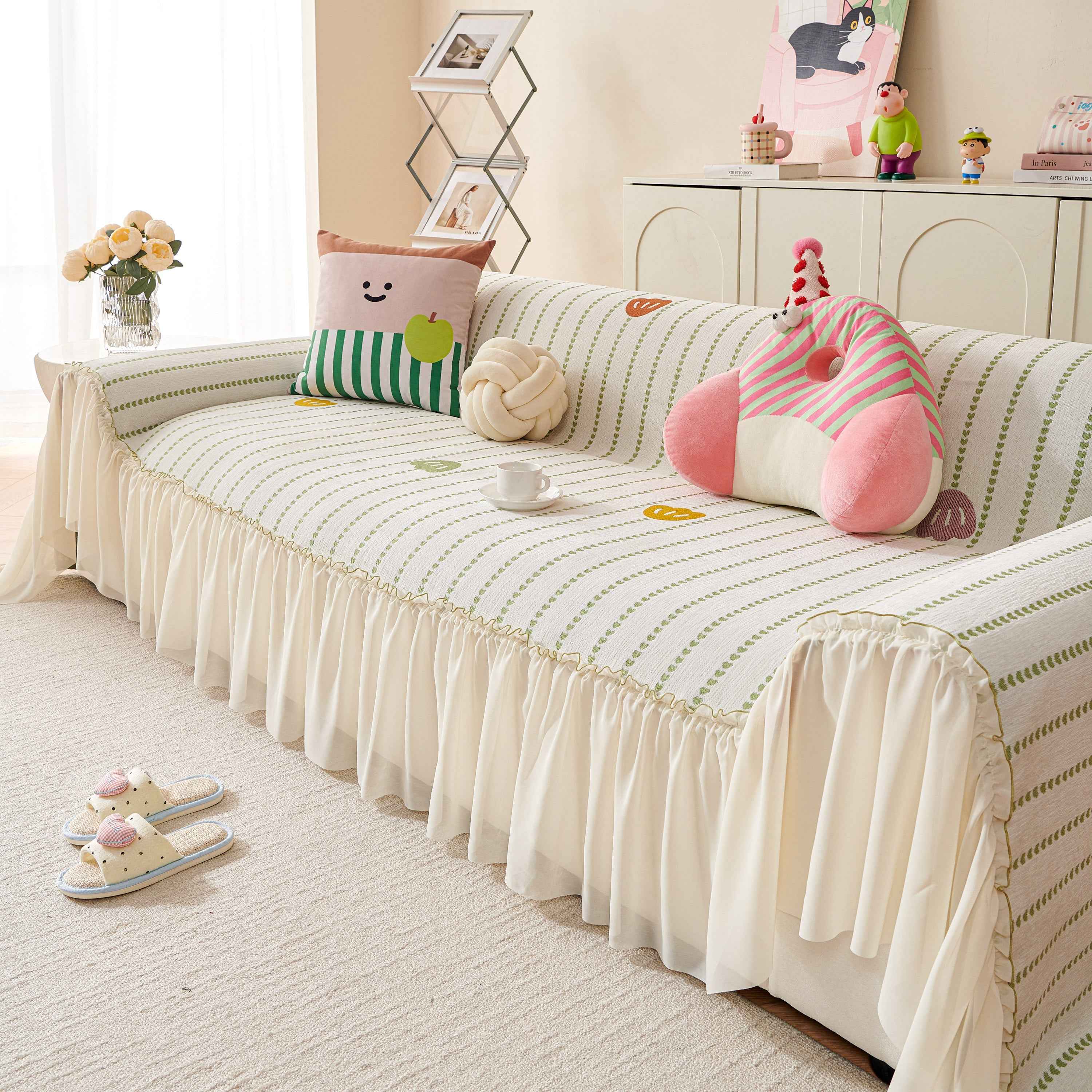 Cute Dotted Stripe Couch Protector, Non-Slip Washable Sofa Cover with Ruffled Skirt
