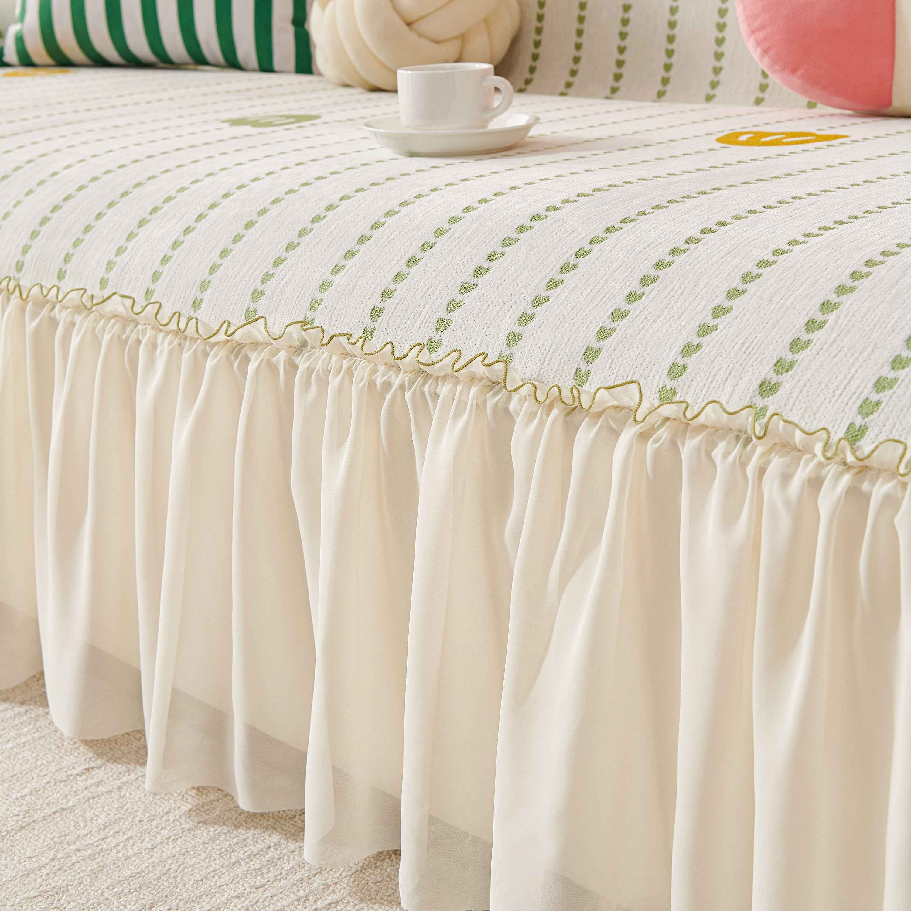 Cute Dotted Stripe Couch Protector, Non-Slip Washable Sofa Cover with Ruffled Skirt