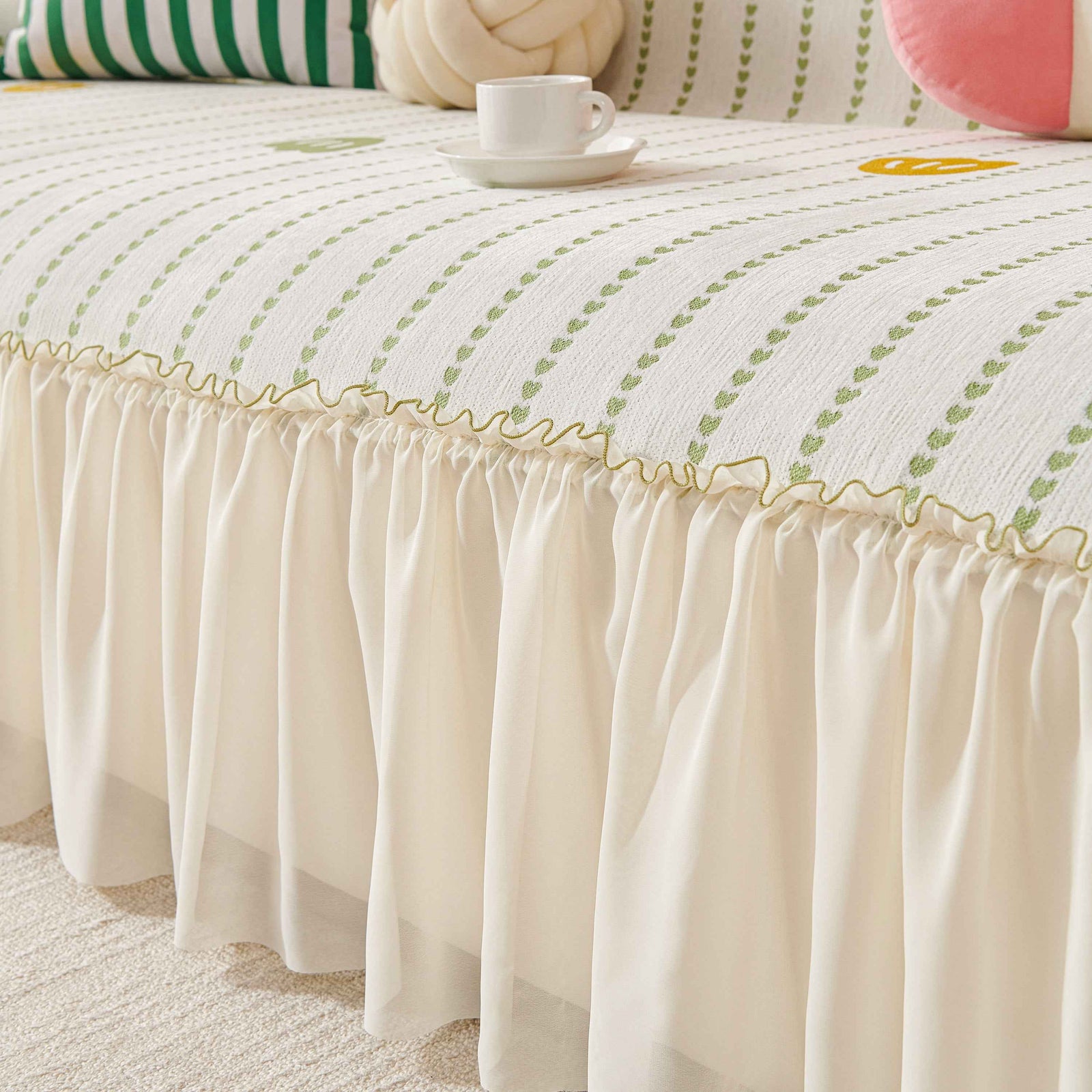 Cute Dotted Stripe Couch Protector, Non-Slip Washable Sofa Cover with Ruffled Skirt
