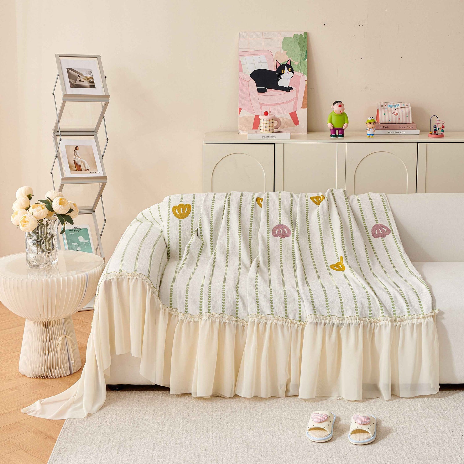 Cute Dotted Stripe Couch Protector, Non-Slip Washable Sofa Cover with Ruffled Skirt