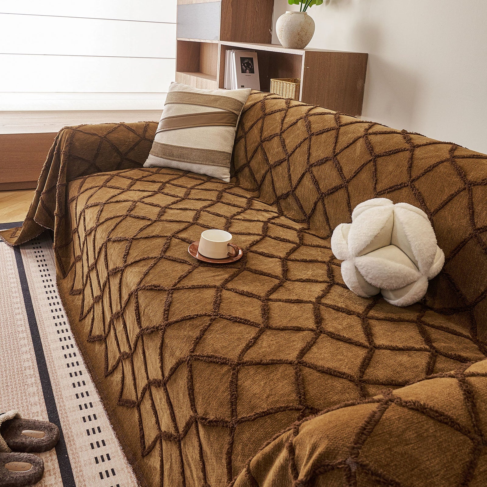 Soft Chenille Sofa Throw Cover, Raised Geometric Texture Furniture Protector Blanket