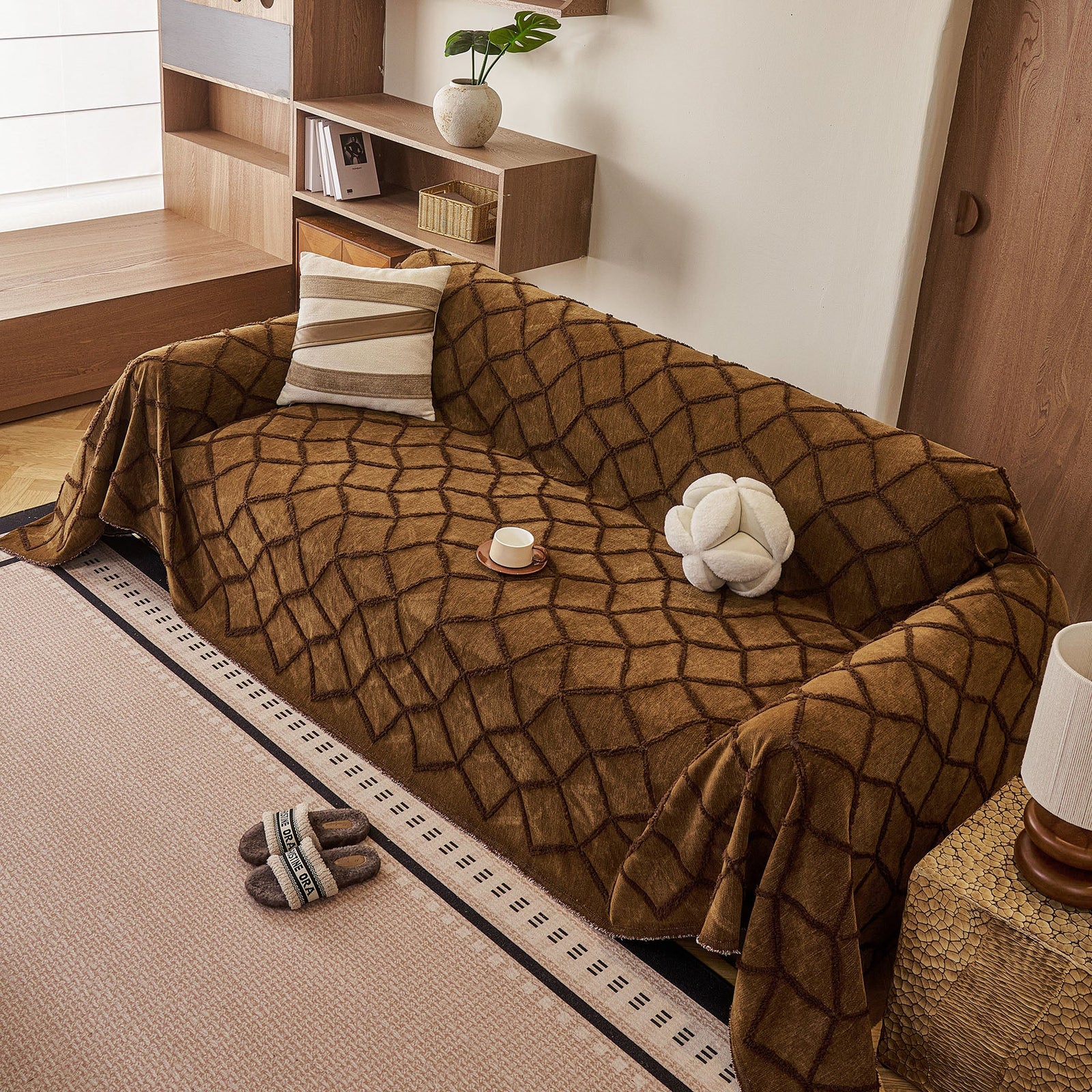 Soft Chenille Sofa Throw Cover, Raised Geometric Texture Furniture Protector Blanket