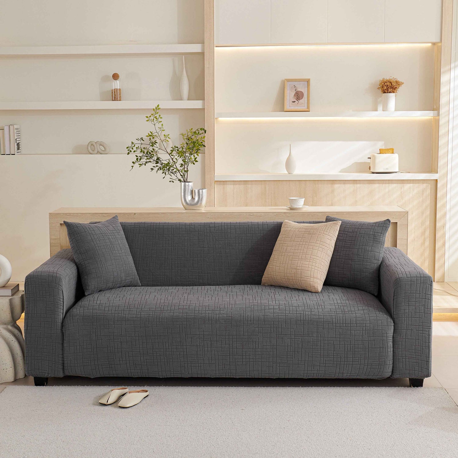 Embossed Lines Couch Covers Stretchable Non-Slip & Washable Sofa Slipcovers