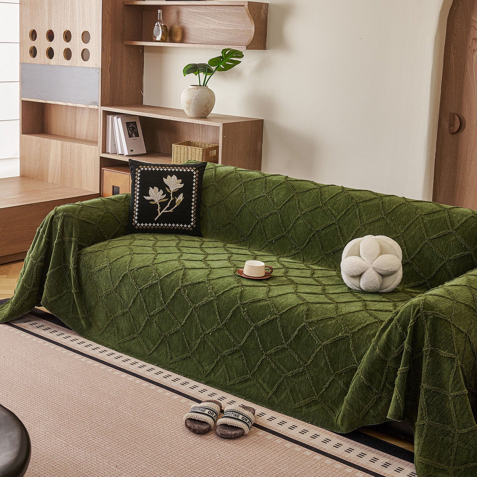 Soft Chenille Sofa Throw Cover, Raised Geometric Texture Furniture Protector Blanket