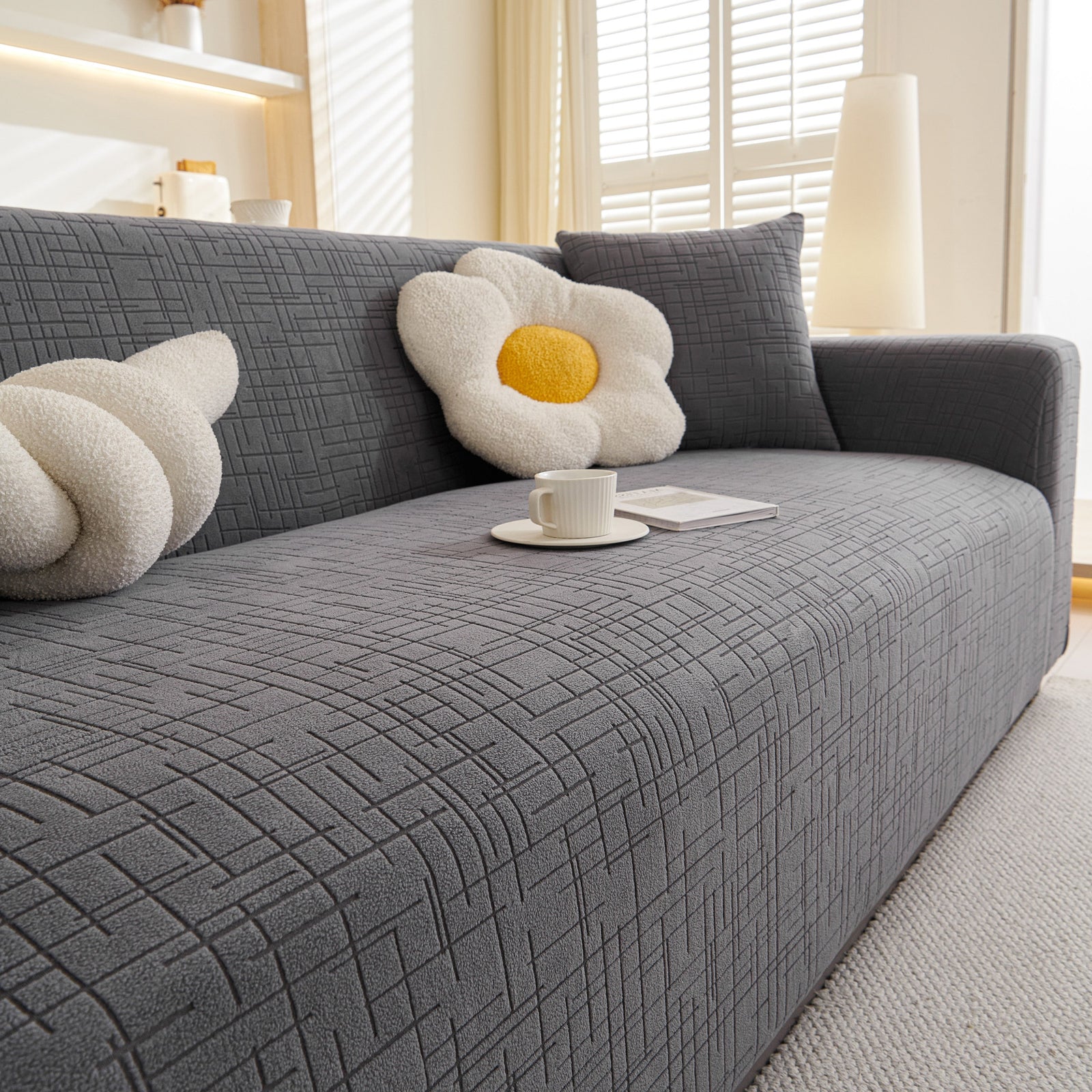 Embossed Lines Couch Covers Stretchable Non-Slip & Washable Sofa Slipcovers