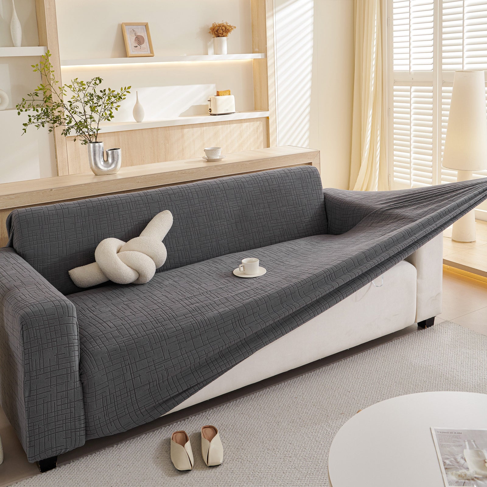 Embossed Lines Couch Covers Stretchable Non-Slip & Washable Sofa Slipcovers