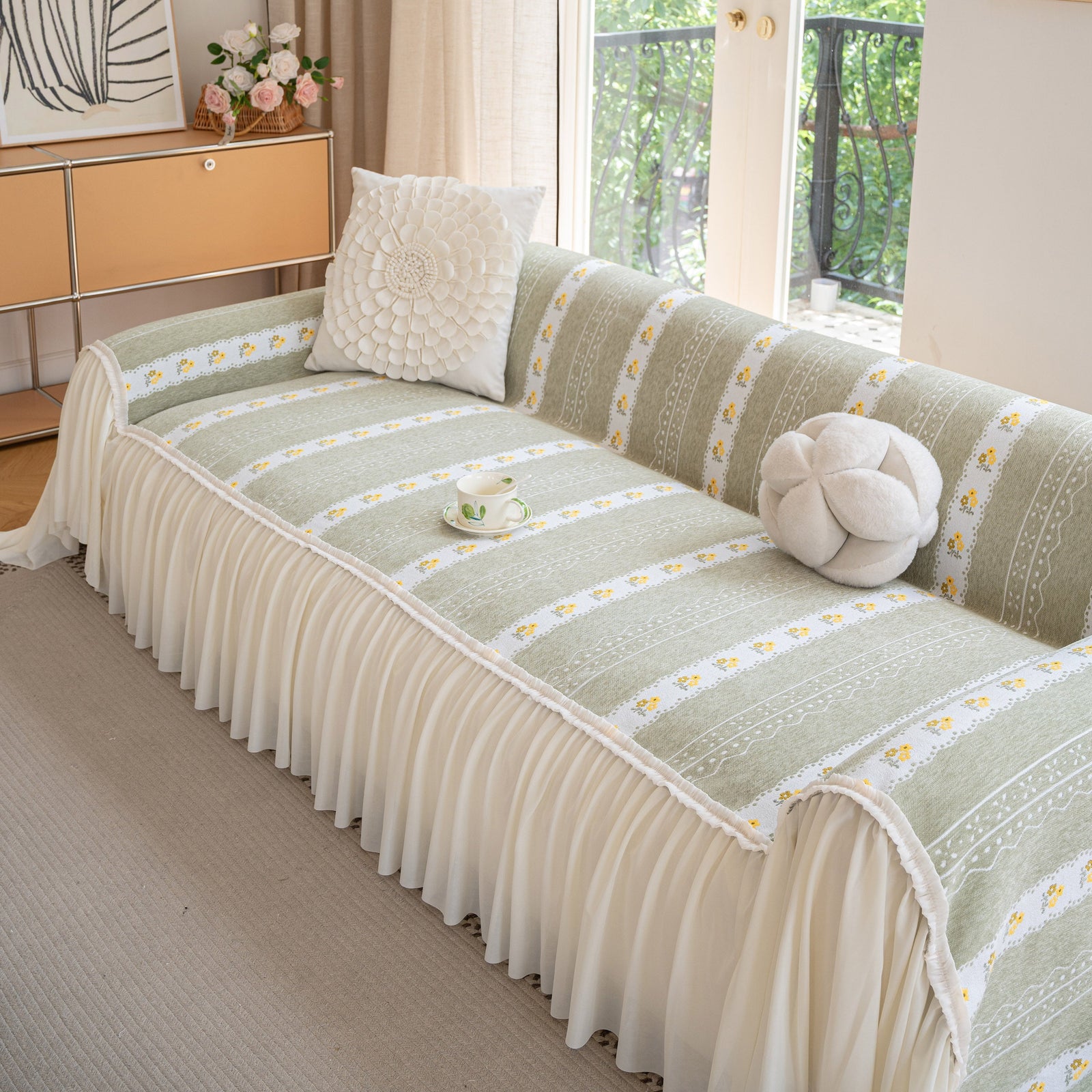 Daisy Striped Sofa Cover with Sheer Ruffle Skirt, Floral Soft Slipcover Blanket