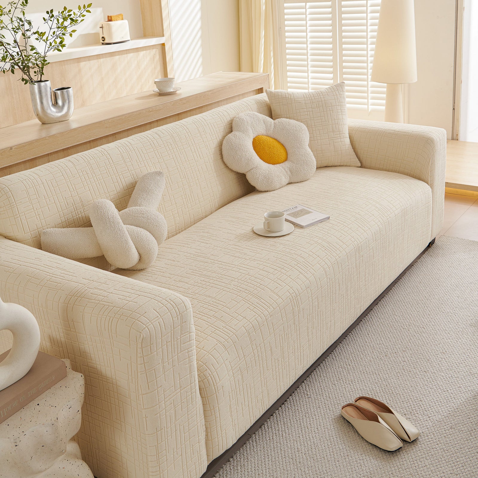 Embossed Lines Couch Covers Stretchable Non-Slip & Washable Sofa Slipcovers