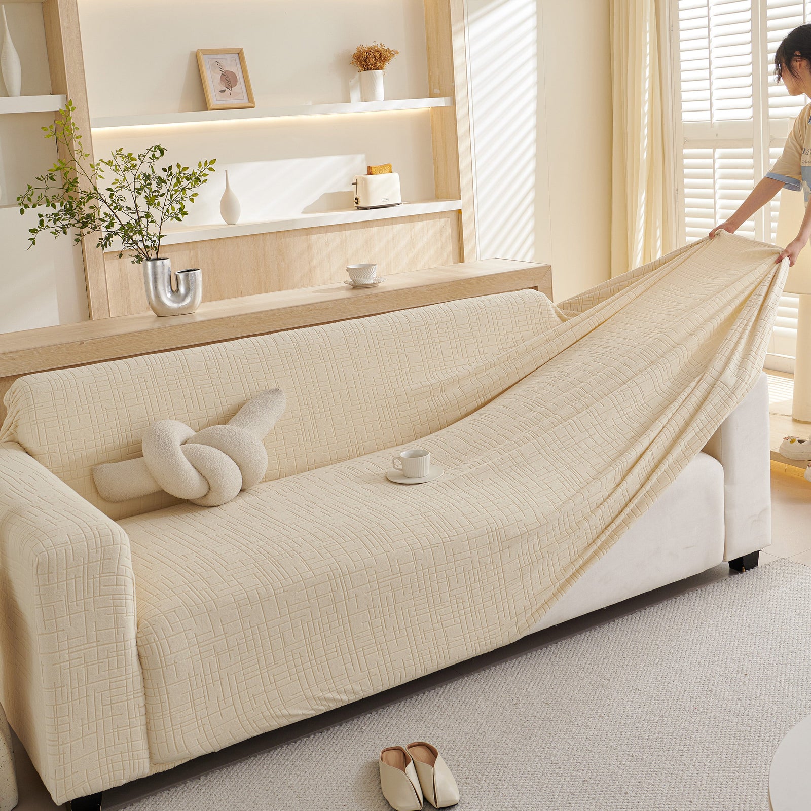Embossed Lines Couch Covers Stretchable Non-Slip & Washable Sofa Slipcovers