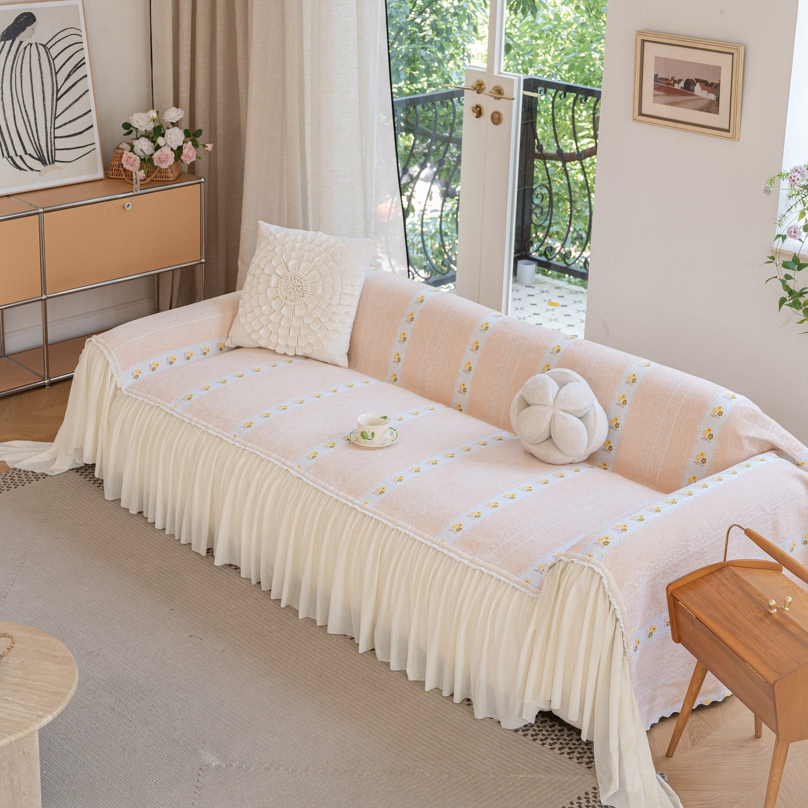 Daisy Striped Sofa Cover with Sheer Ruffle Skirt, Floral Soft Slipcover Blanket