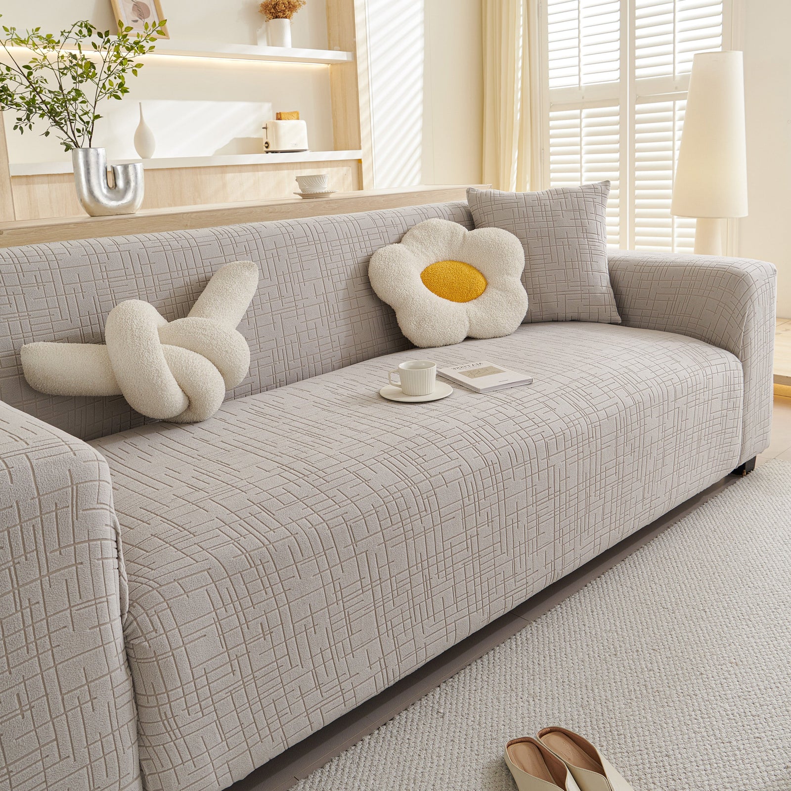 Embossed Lines Couch Covers Stretchable Non-Slip & Washable Sofa Slipcovers