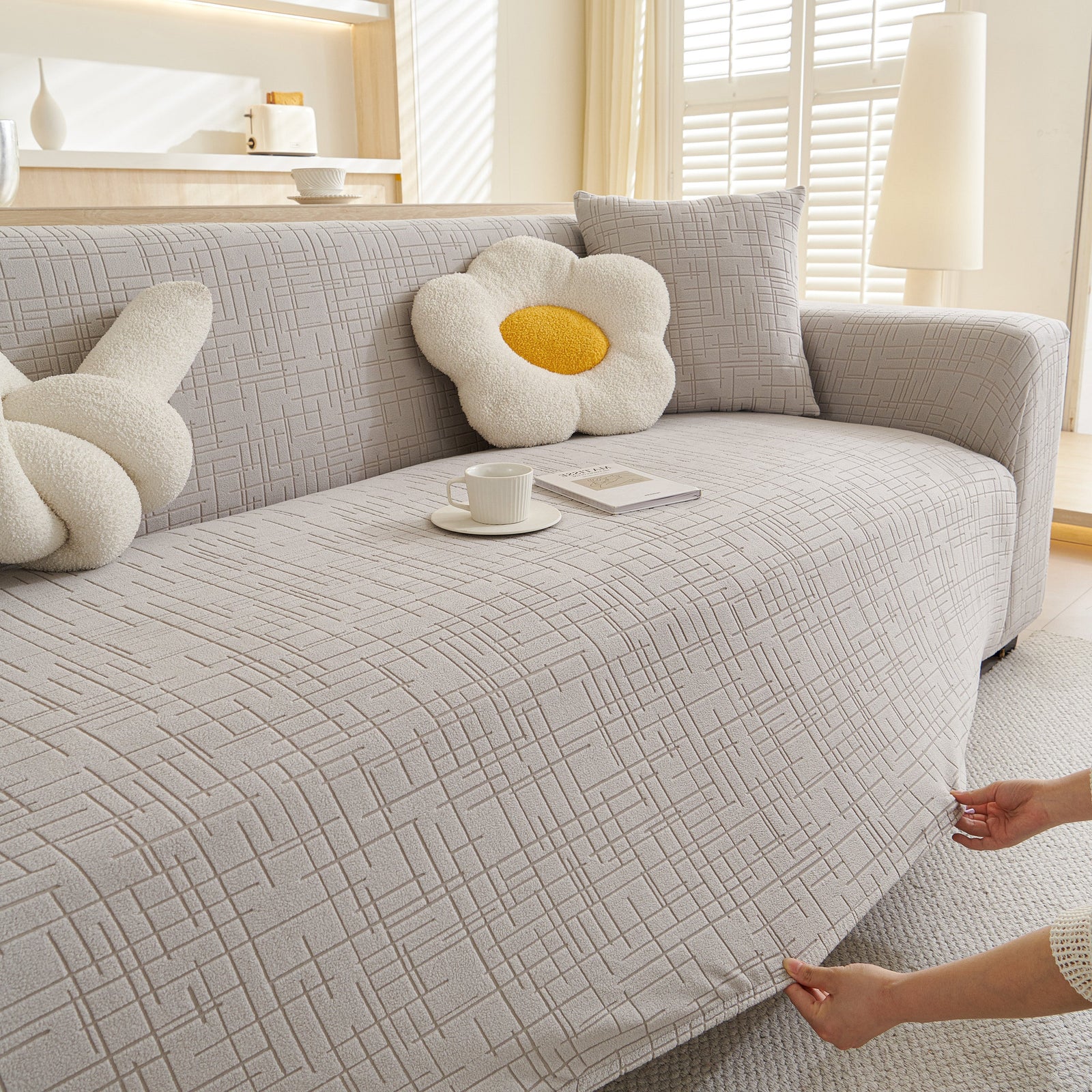 Embossed Lines Couch Covers Stretchable Non-Slip & Washable Sofa Slipcovers