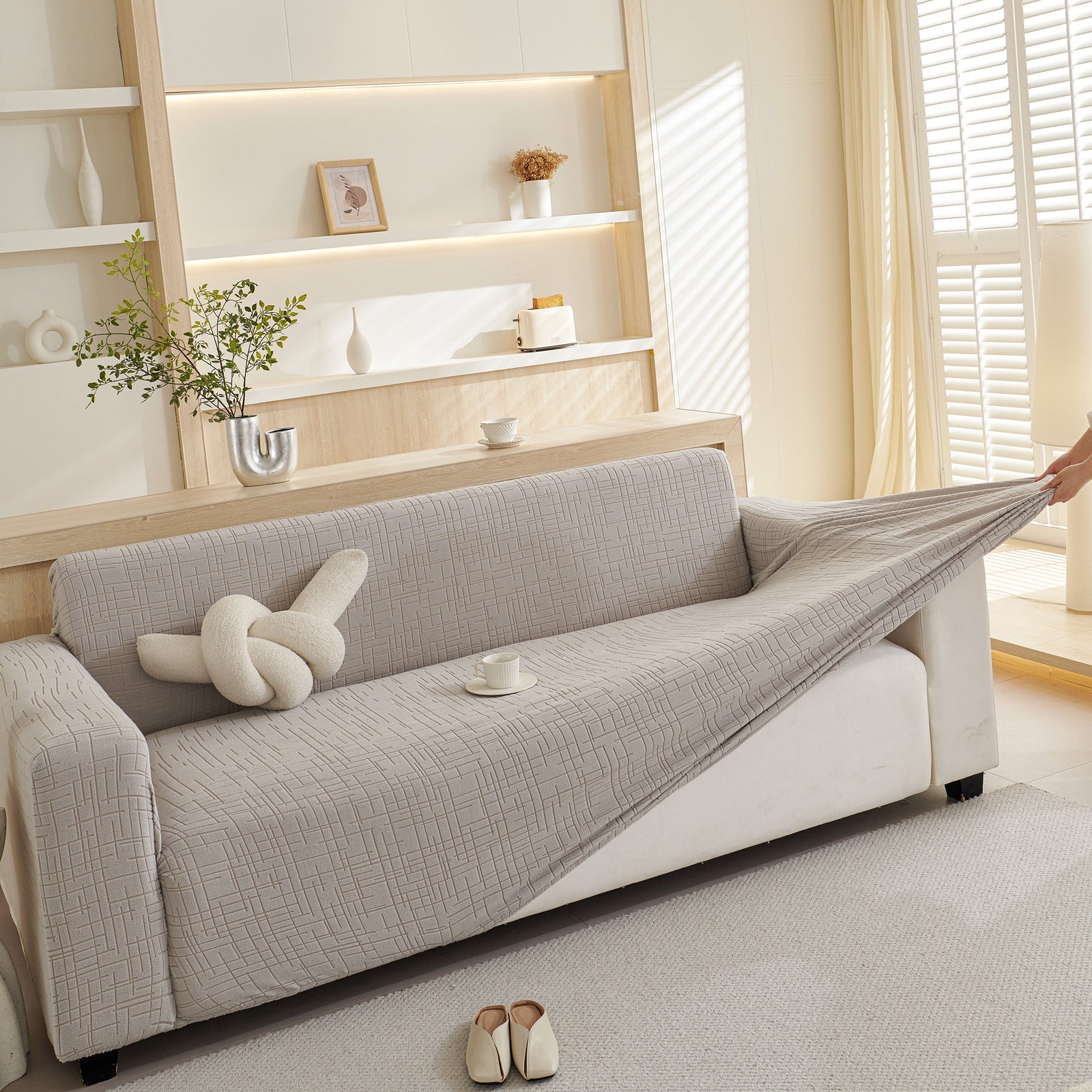 Embossed Lines Couch Covers Stretchable Non-Slip & Washable Sofa Slipcovers