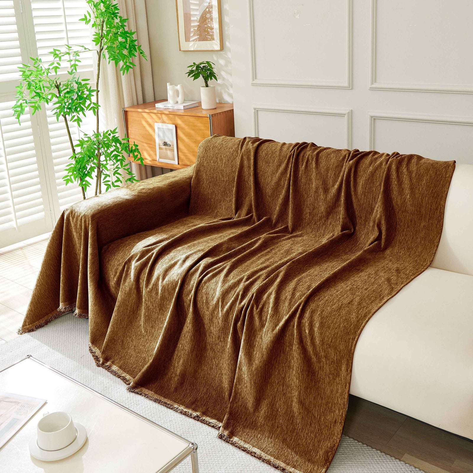 Solid Color Chenille Sofa Throw Blanket, Soft & Plush Decorative Couch Throw Cover