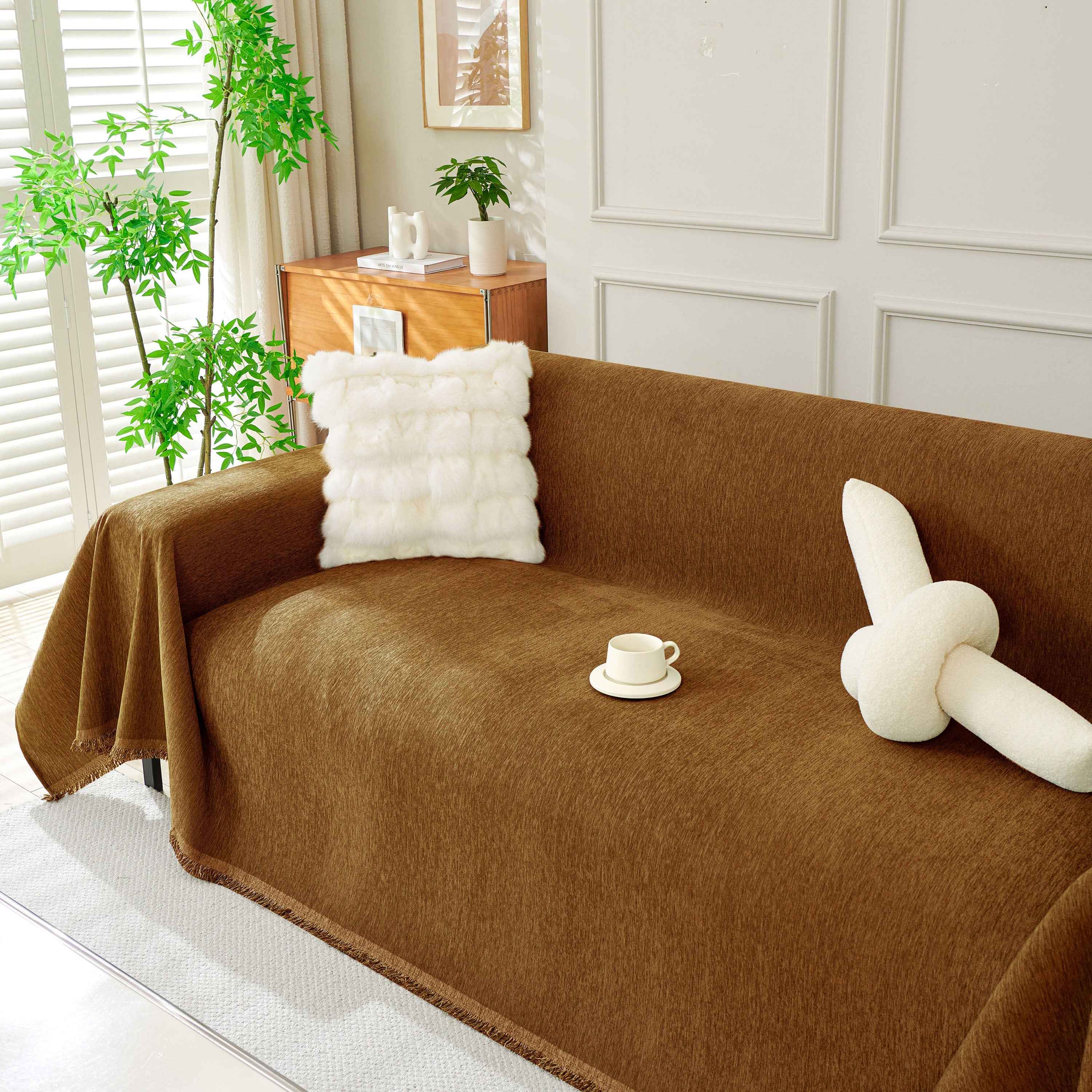 Solid Color Chenille Sofa Throw Blanket, Soft & Plush Decorative Couch Throw Cover