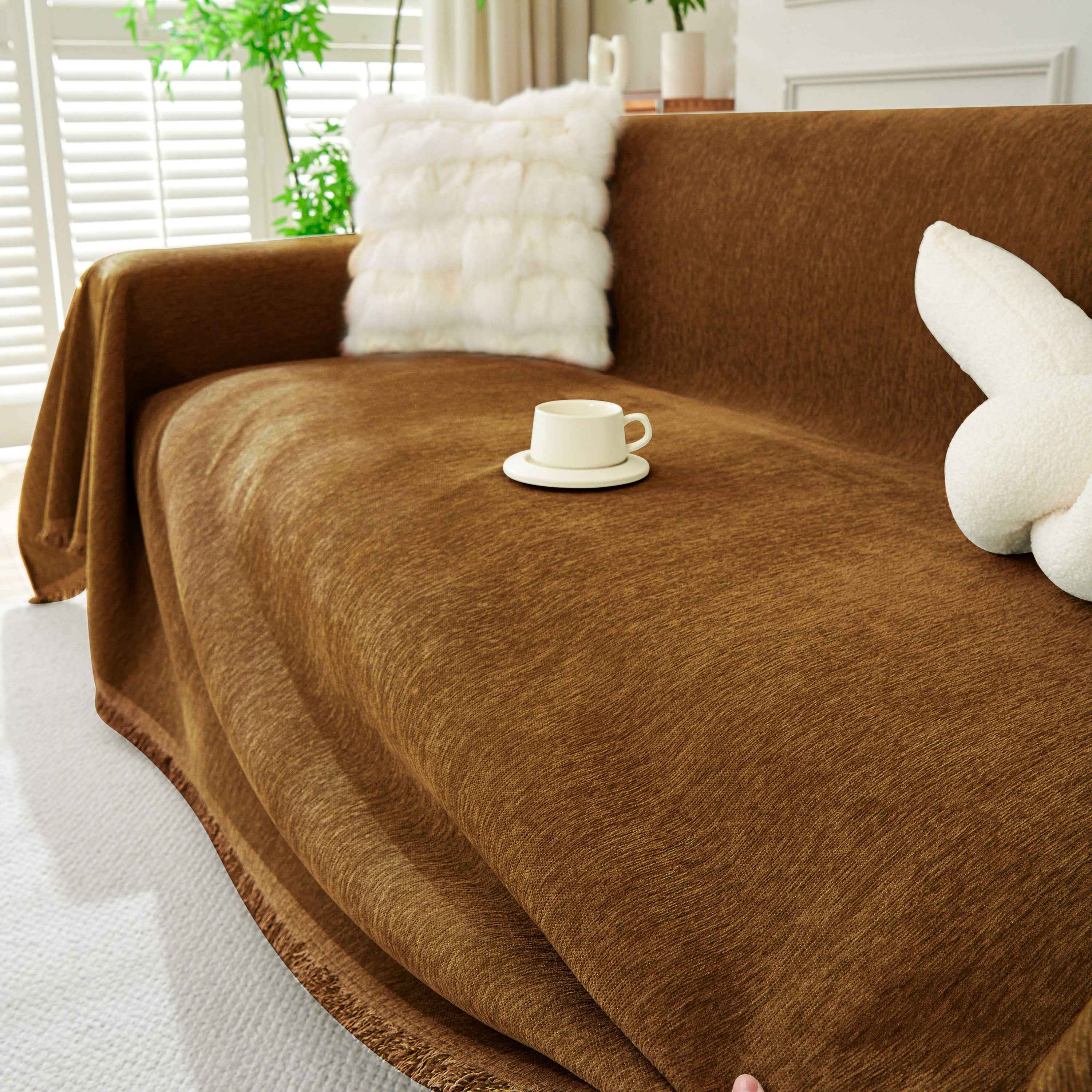 Solid Color Chenille Sofa Throw Blanket, Soft & Plush Decorative Couch Throw Cover